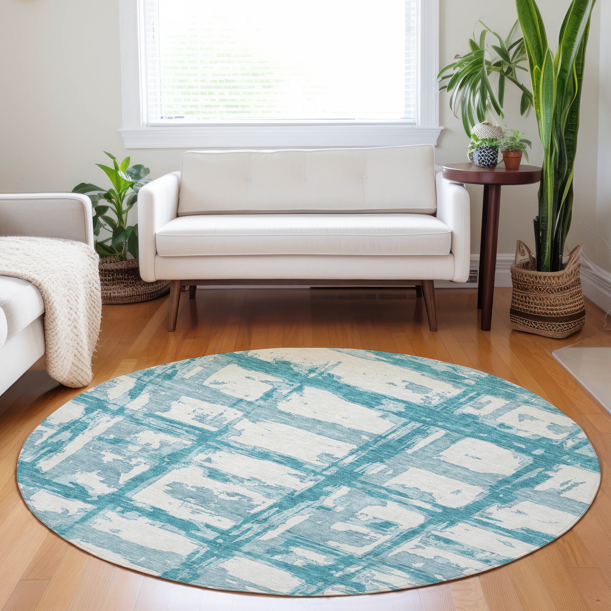 Chiang Mai Machine Washable Transitional Teal Rug 8' x 8' #shape_Round