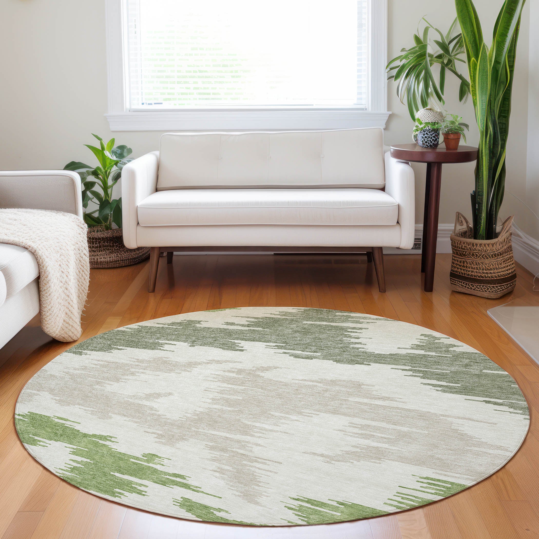 Florence Machine Washable Transitional Green Rug 8' x 8' #shape_Round