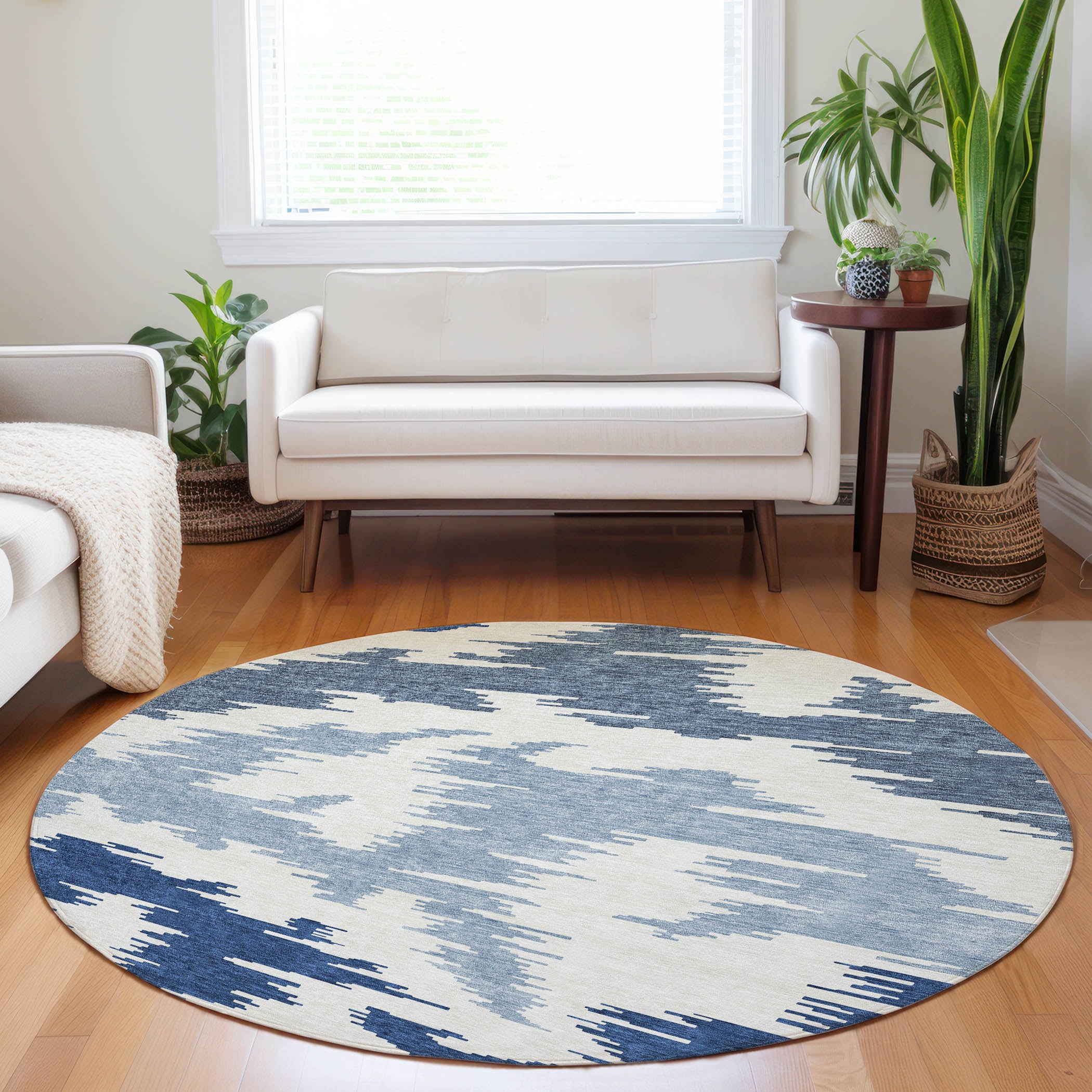Florence Machine Washable Transitional Navy Blue Rug 8' x 8' #shape_Round