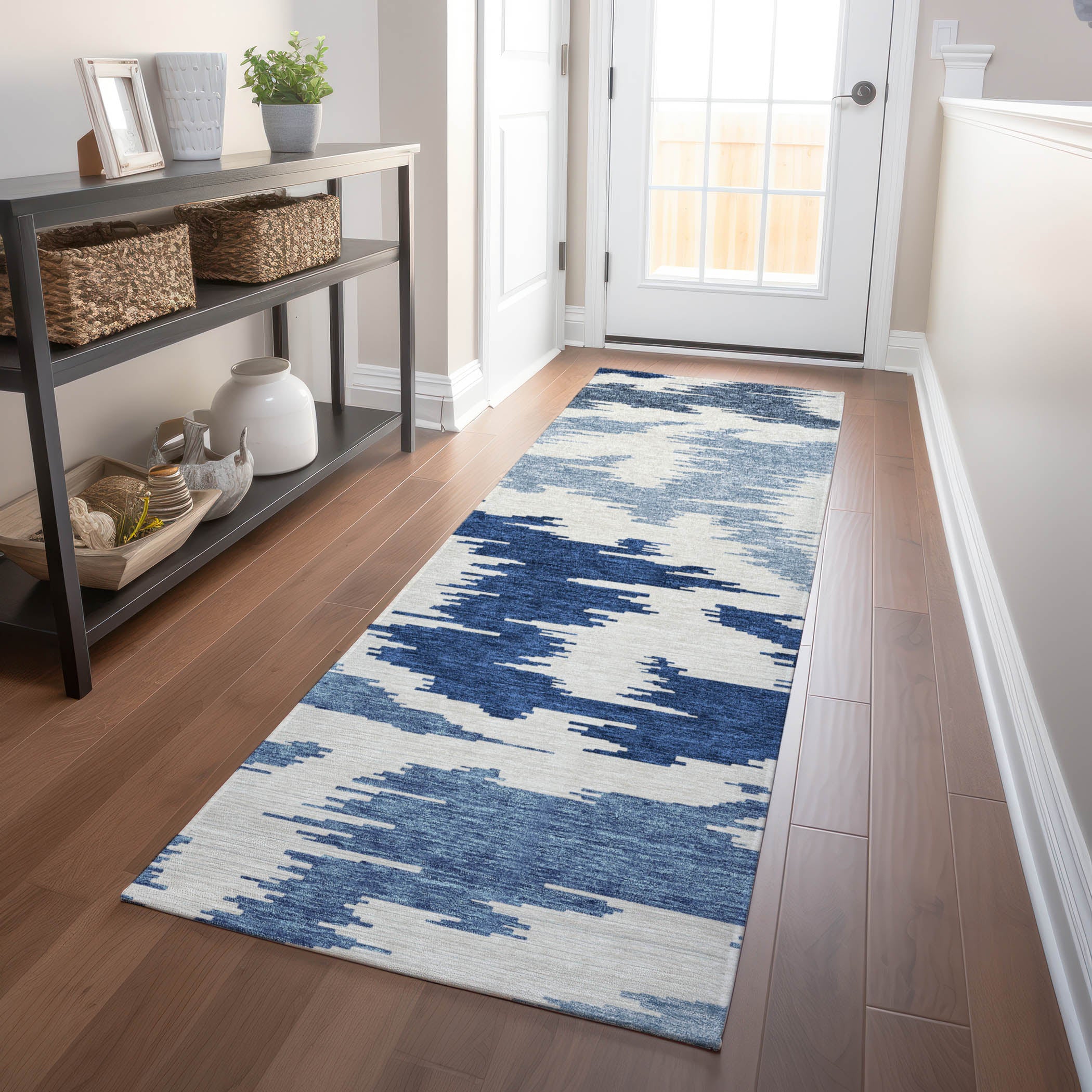 Florence Machine Washable Transitional Navy Blue Rug 2'3" x 7'6" #shape_Runner