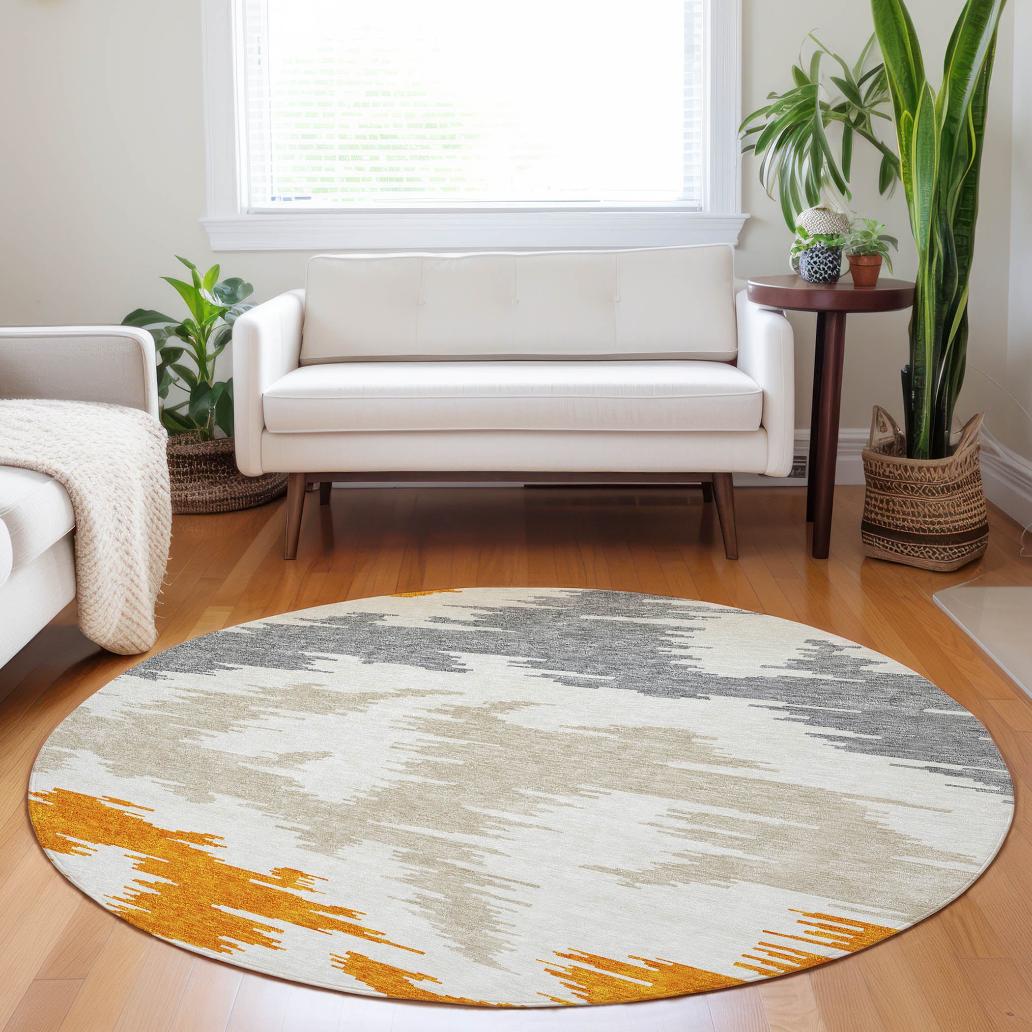 Florence Machine Washable Transitional Orange Rug 8' x 8' #shape_Round