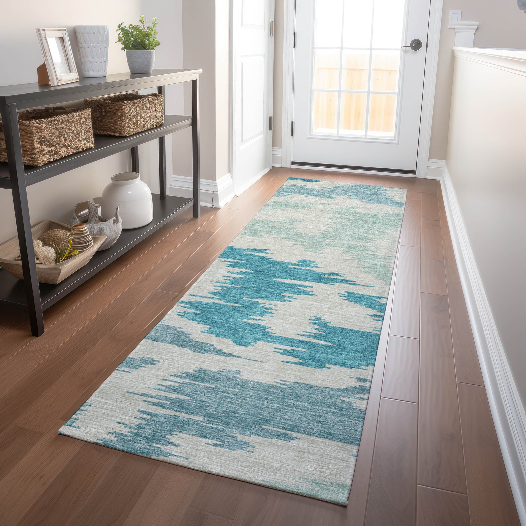 Florence Machine Washable Transitional Teal Rug 2'3" x 7'6" #shape_Runner
