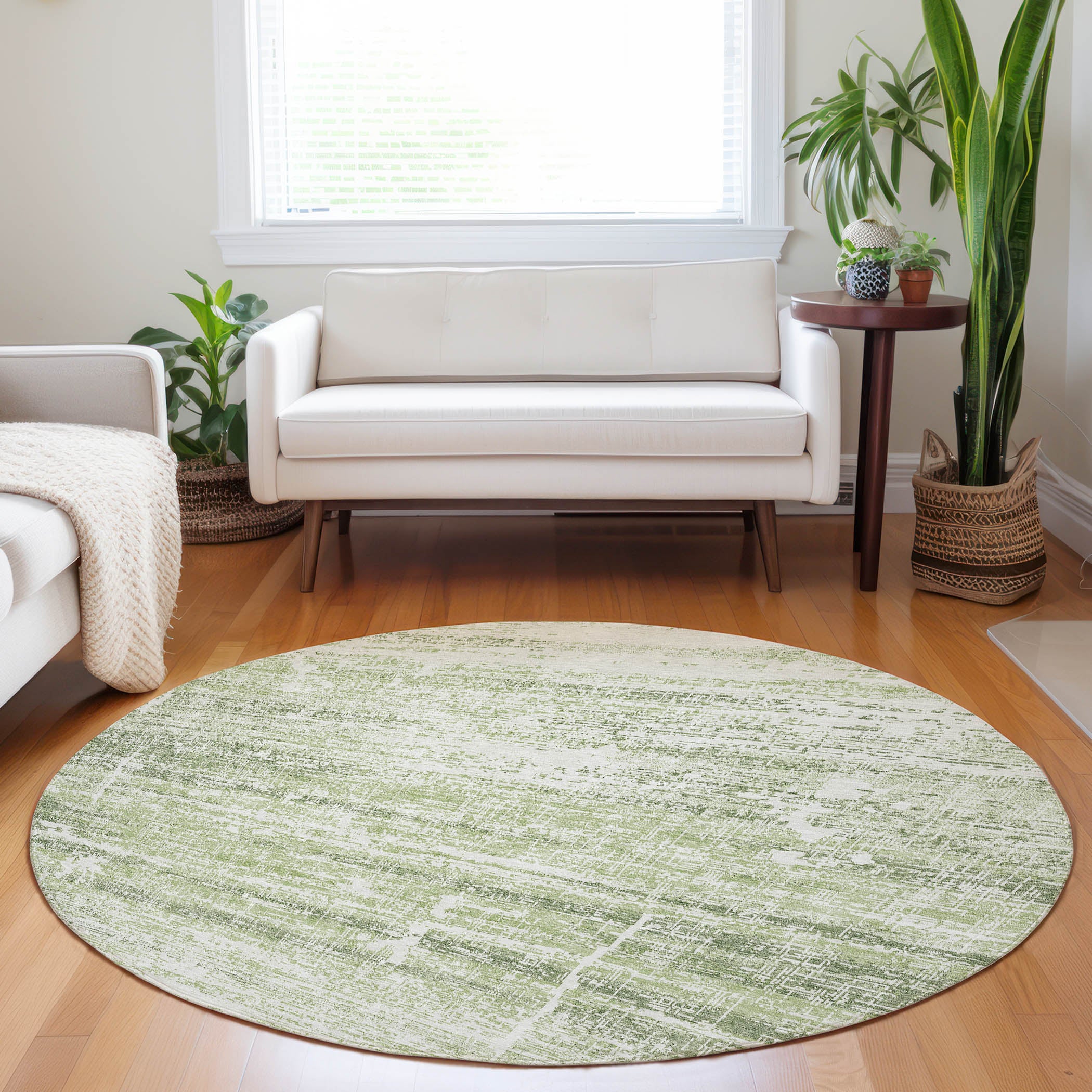 Havana Machine Washable Transitional Aloe Green Rug 8' x 8' #shape_Round