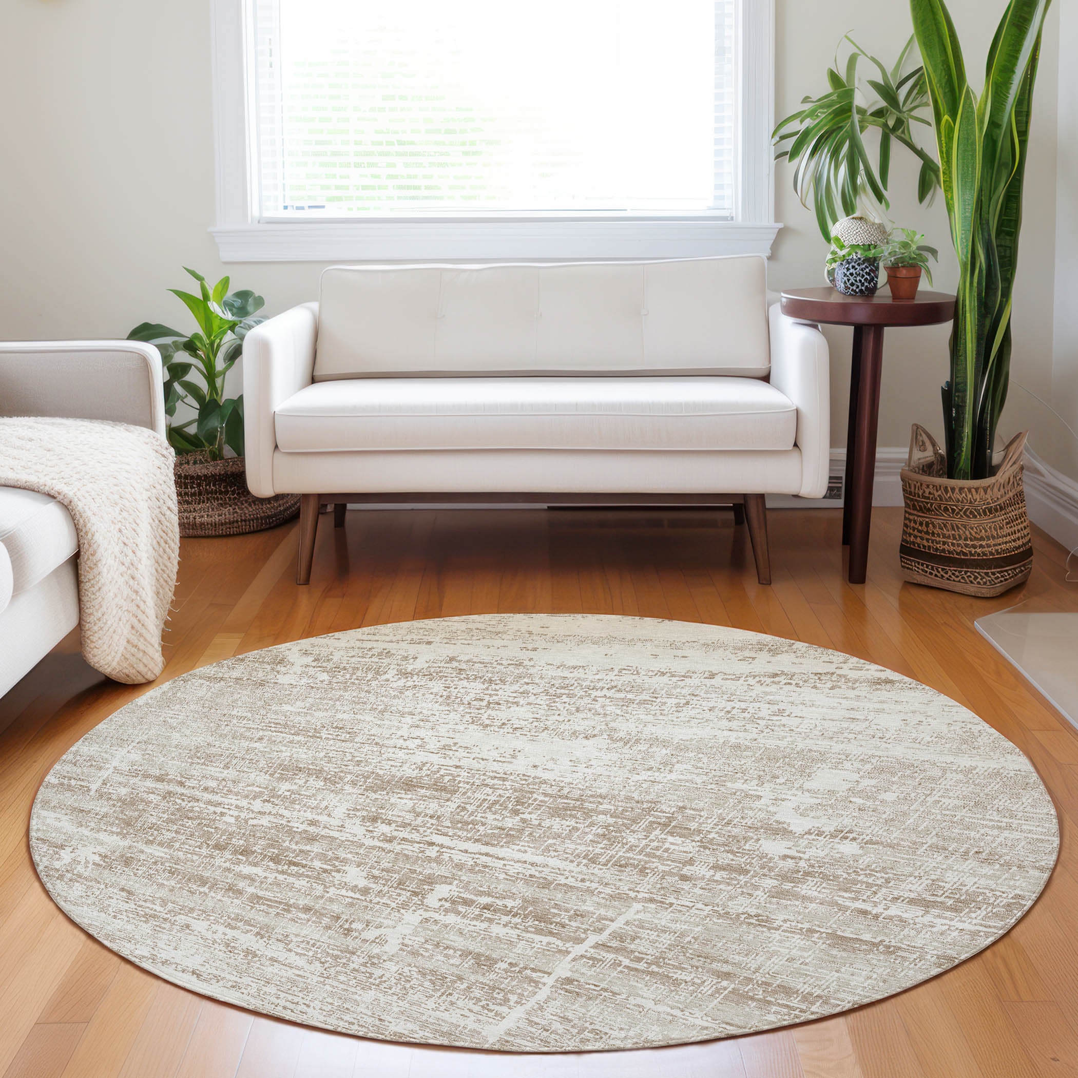 Havana Machine Washable Transitional Beige Brown Rug 8' x 8' #shape_Round