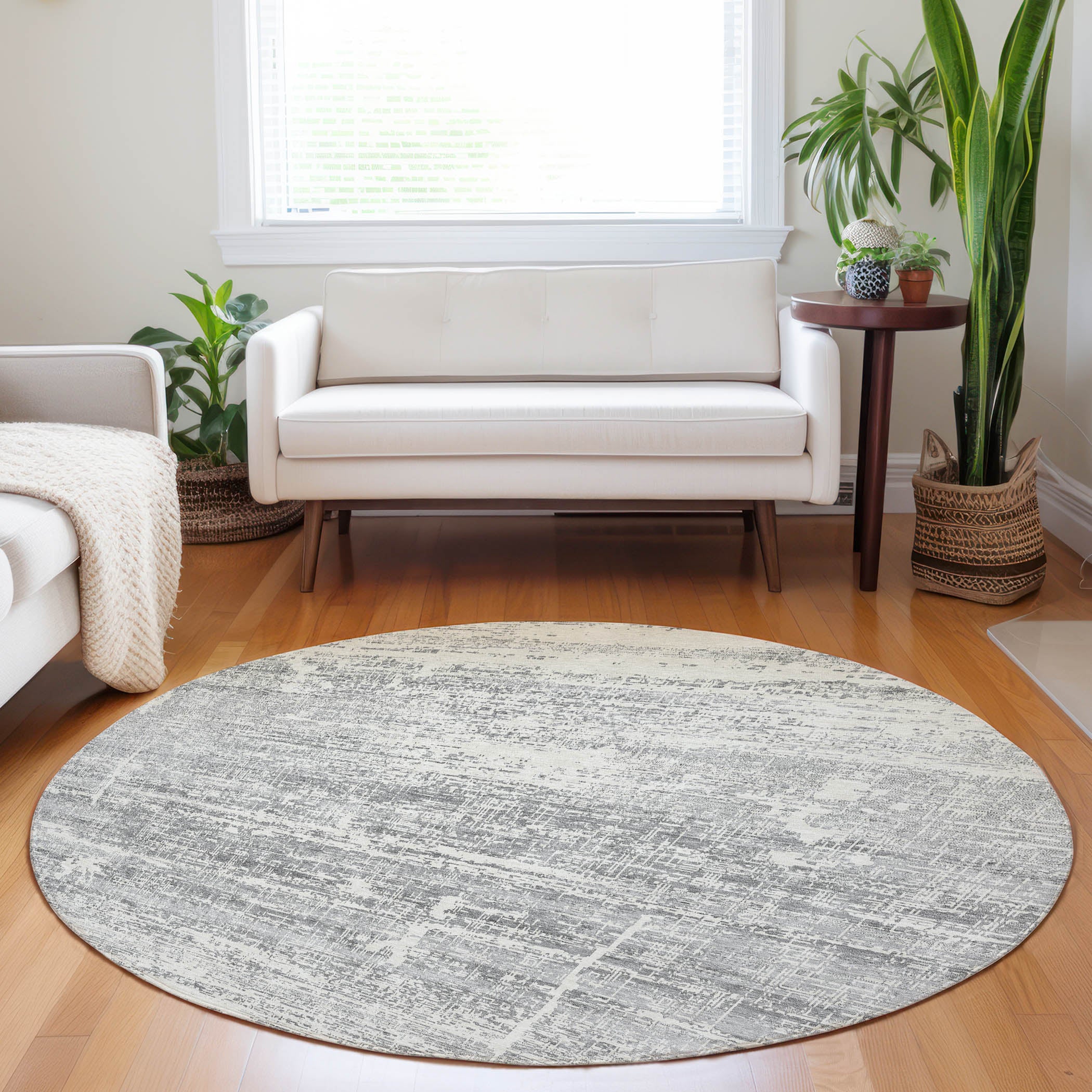 Havana Machine Washable Transitional Silver Gray Rug 8' x 8' #shape_Round