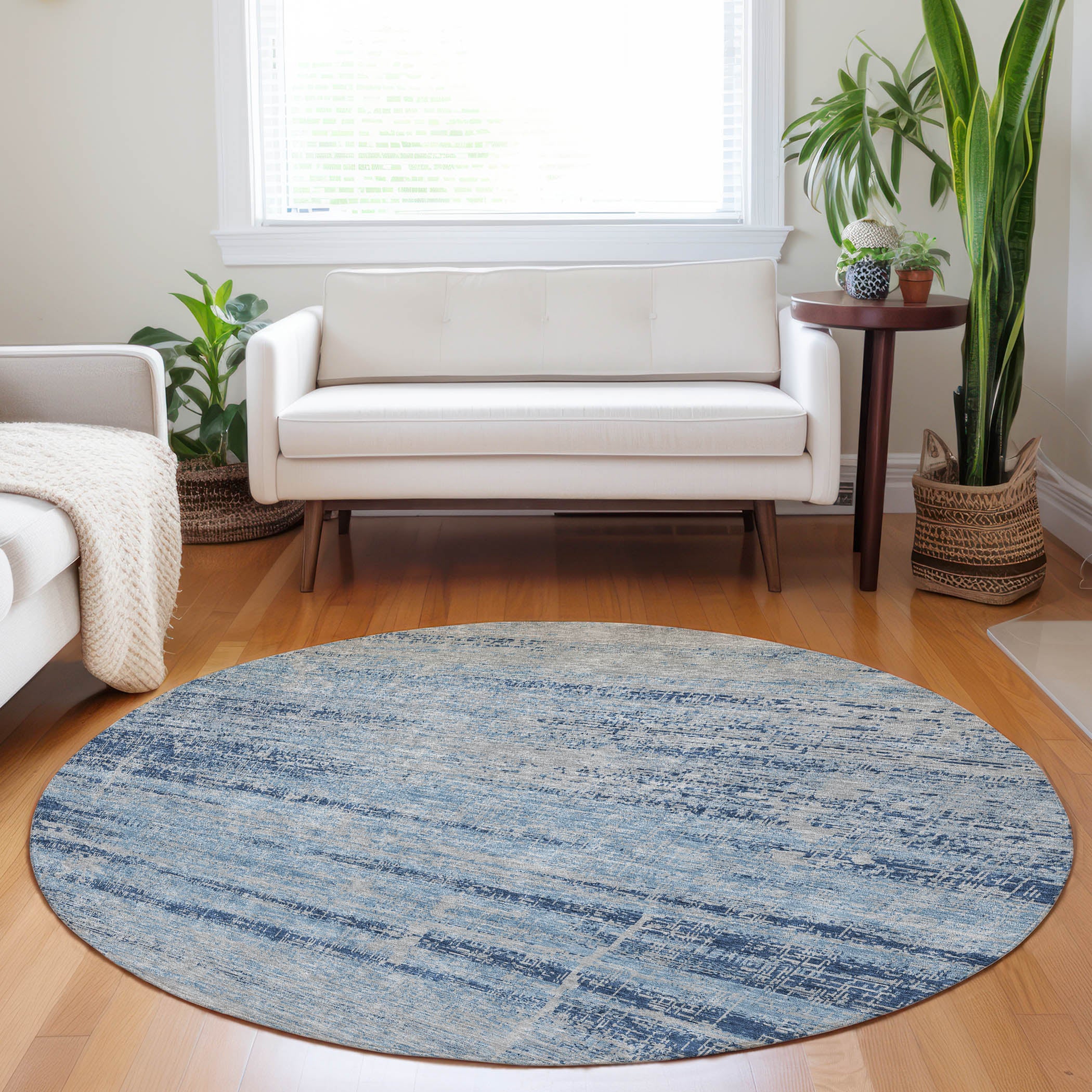 Havana Machine Washable Transitional Sky Blue Rug 8' x 8' #shape_Round