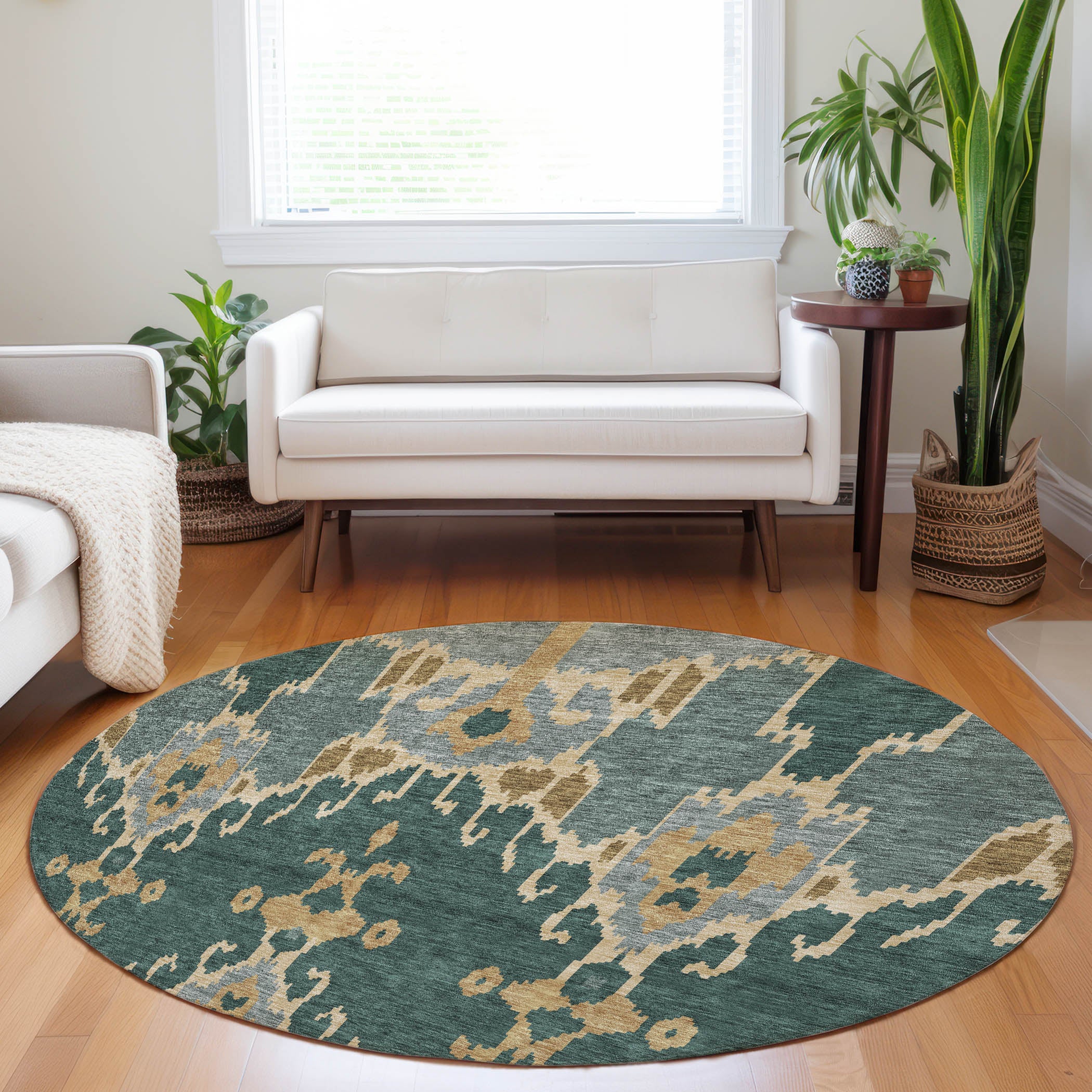 Mdina Machine Washable Transitional Cactus Green Rug 8' x 8' #shape_Round