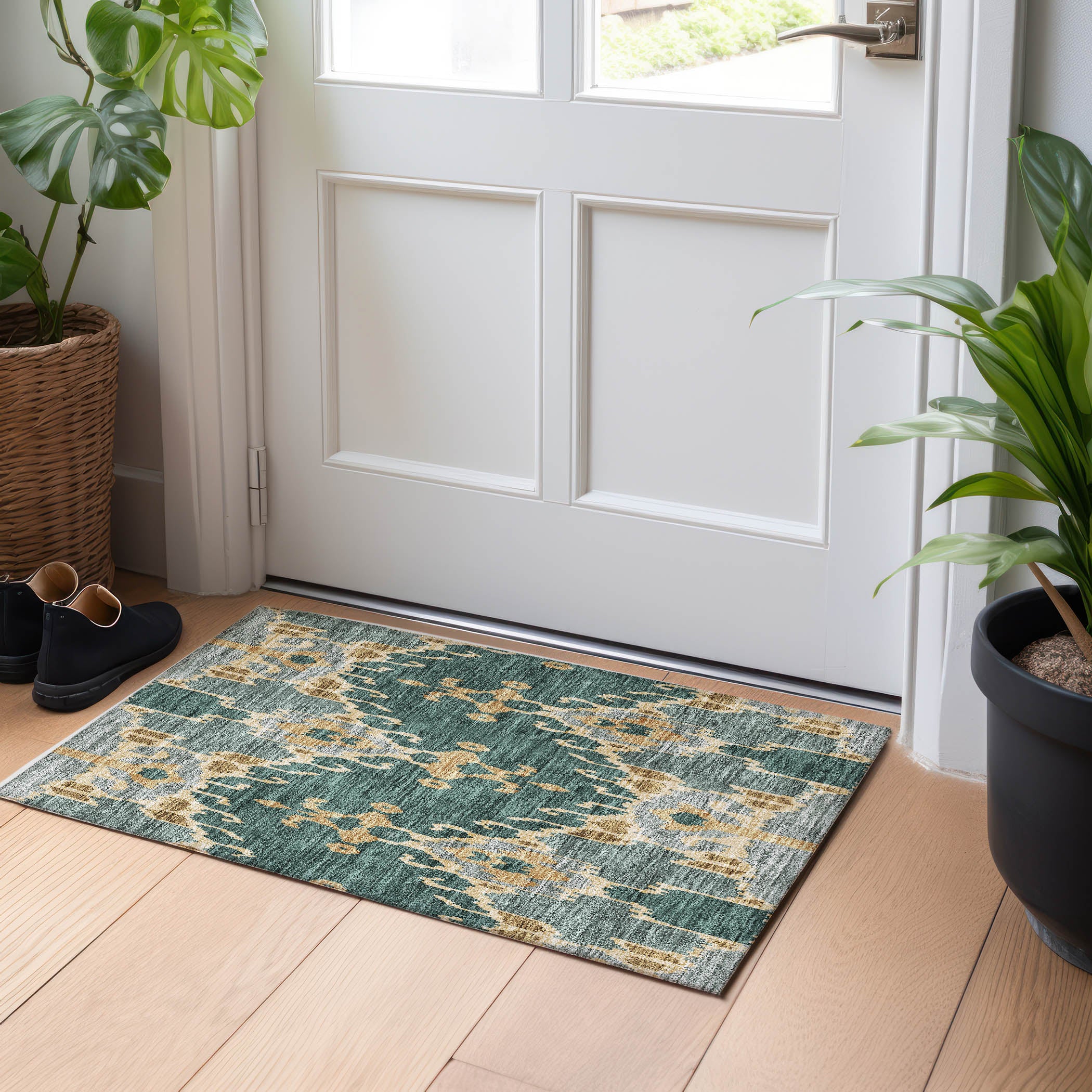 Mdina Machine Washable Transitional Cactus Green Rug 1'8" x 2'6" #shape_Rectangle