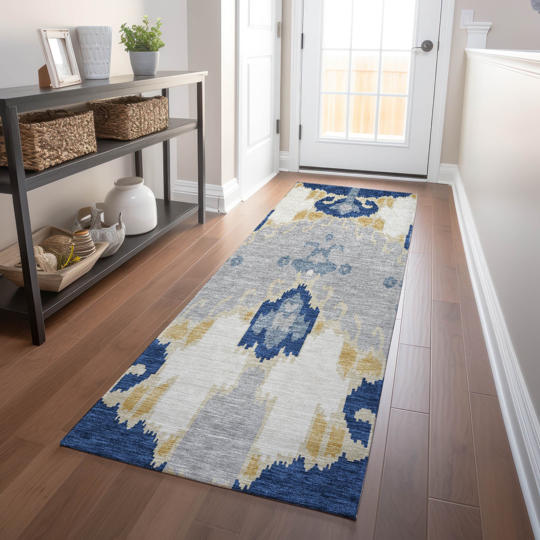 Mdina Machine Washable Transitional Navy Blue Rug 2'3" x 7'6" #shape_Runner