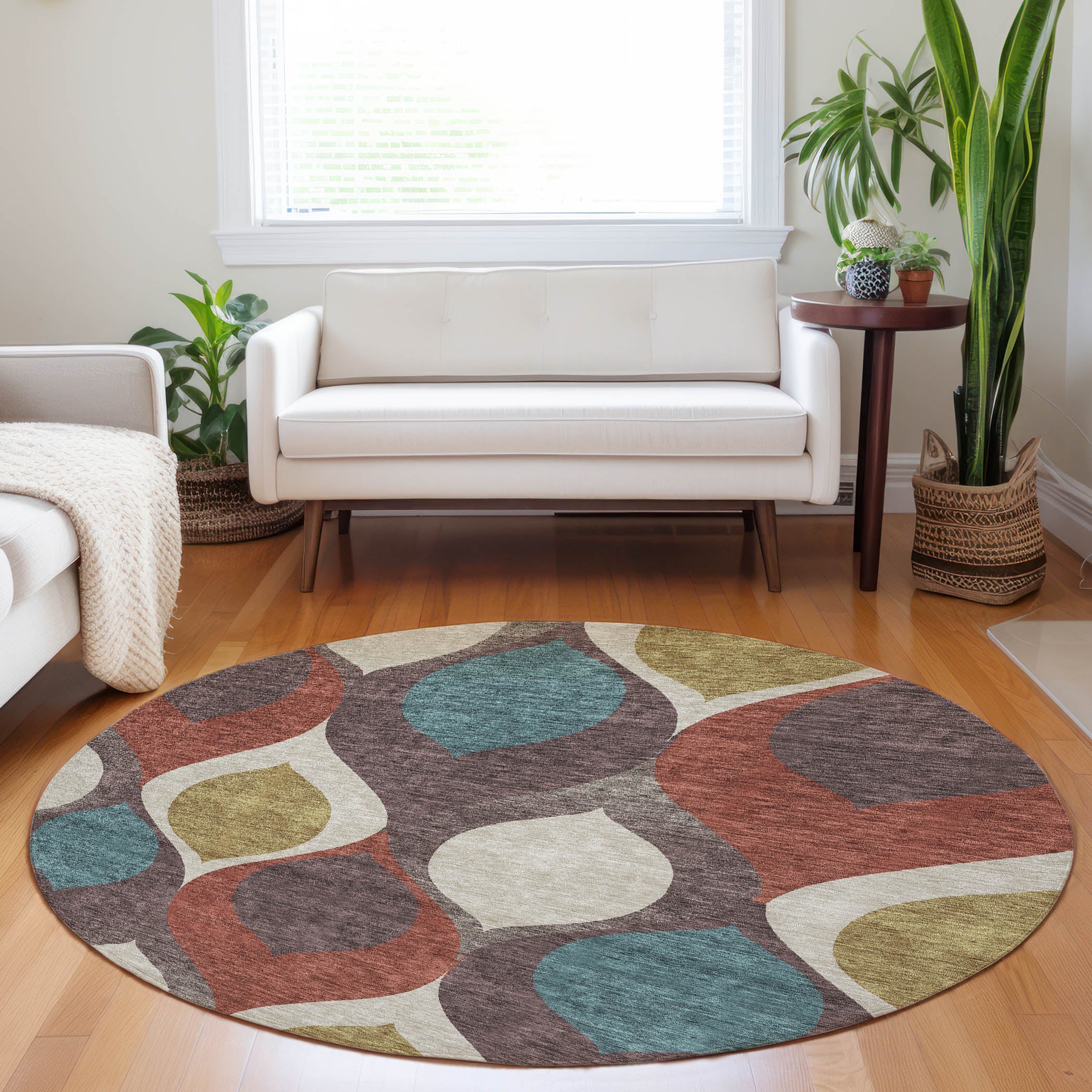 Tbilisi Machine Washable Transitional Brown Rug 8' x 8' #shape_Round