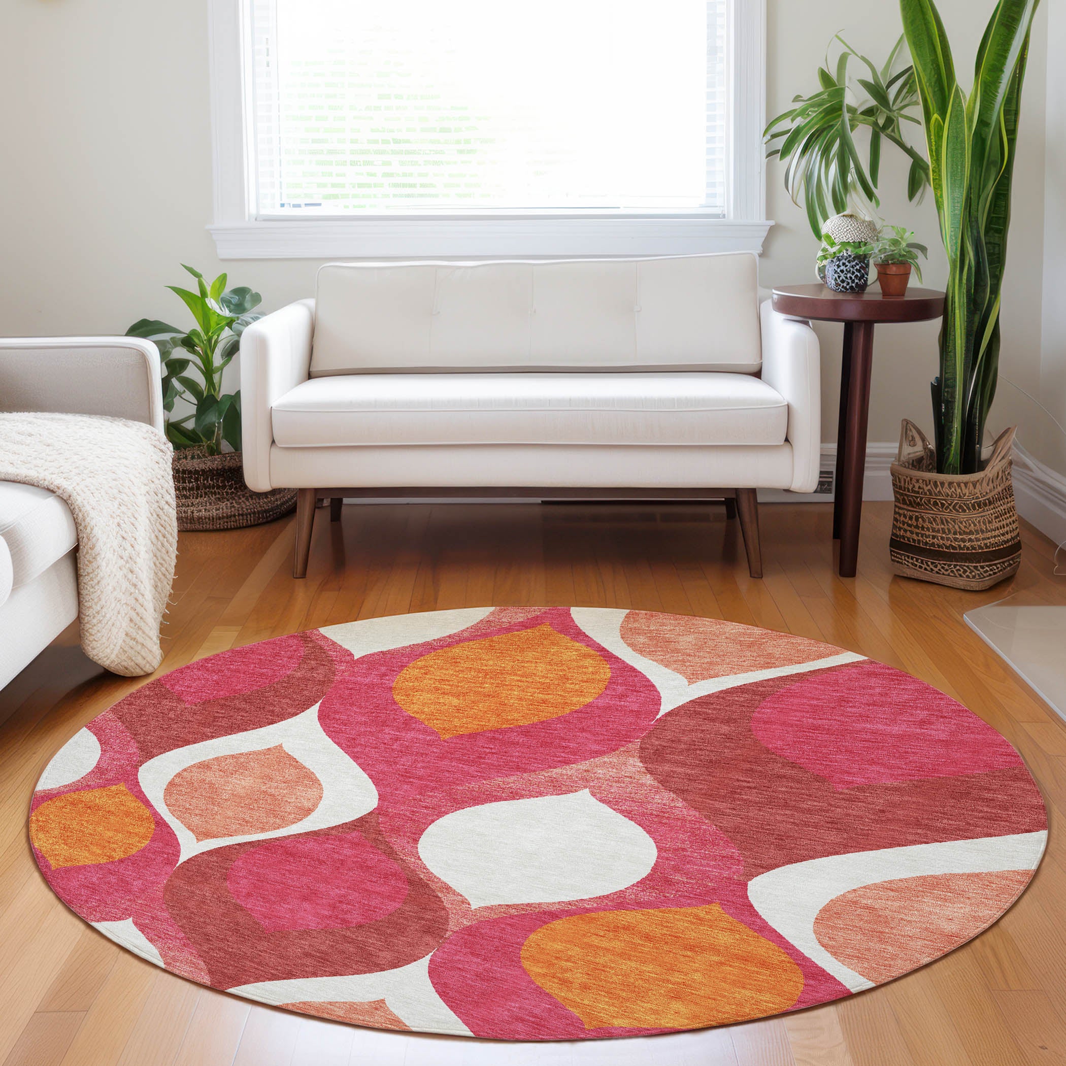 Tbilisi Machine Washable Transitional Pink Rug 8' x 8' #shape_Round