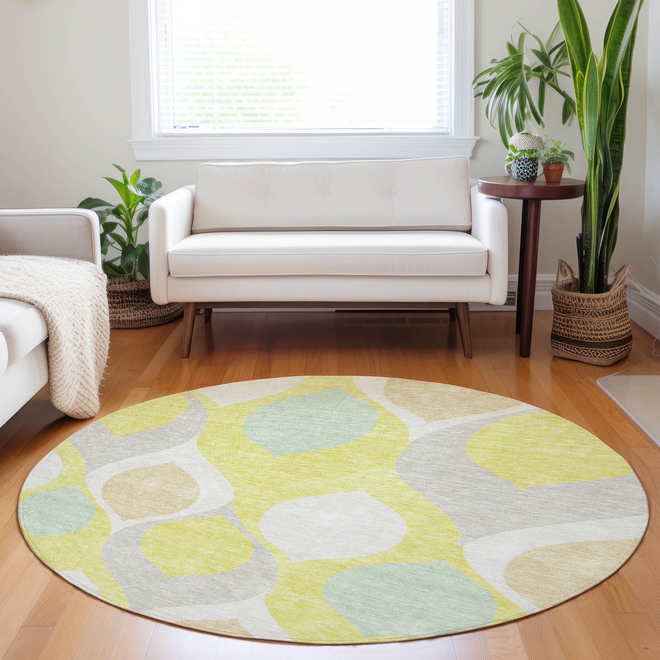 Tbilisi Machine Washable Transitional Yellow Gold Rug 8' x 8' #shape_Round