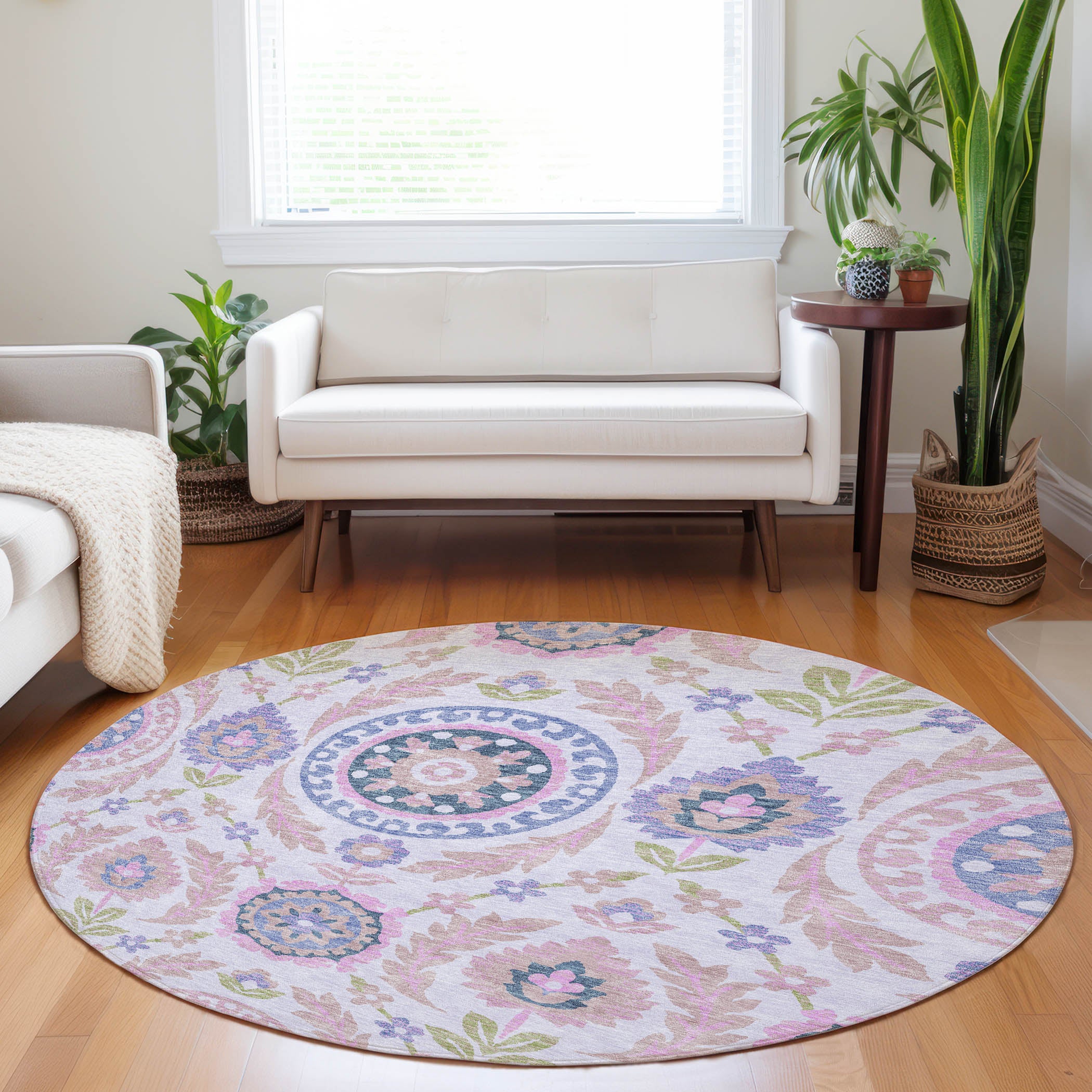 Kyoto Machine Washable Transitional Blush Pink Rug 8' x 8' #shape_Round