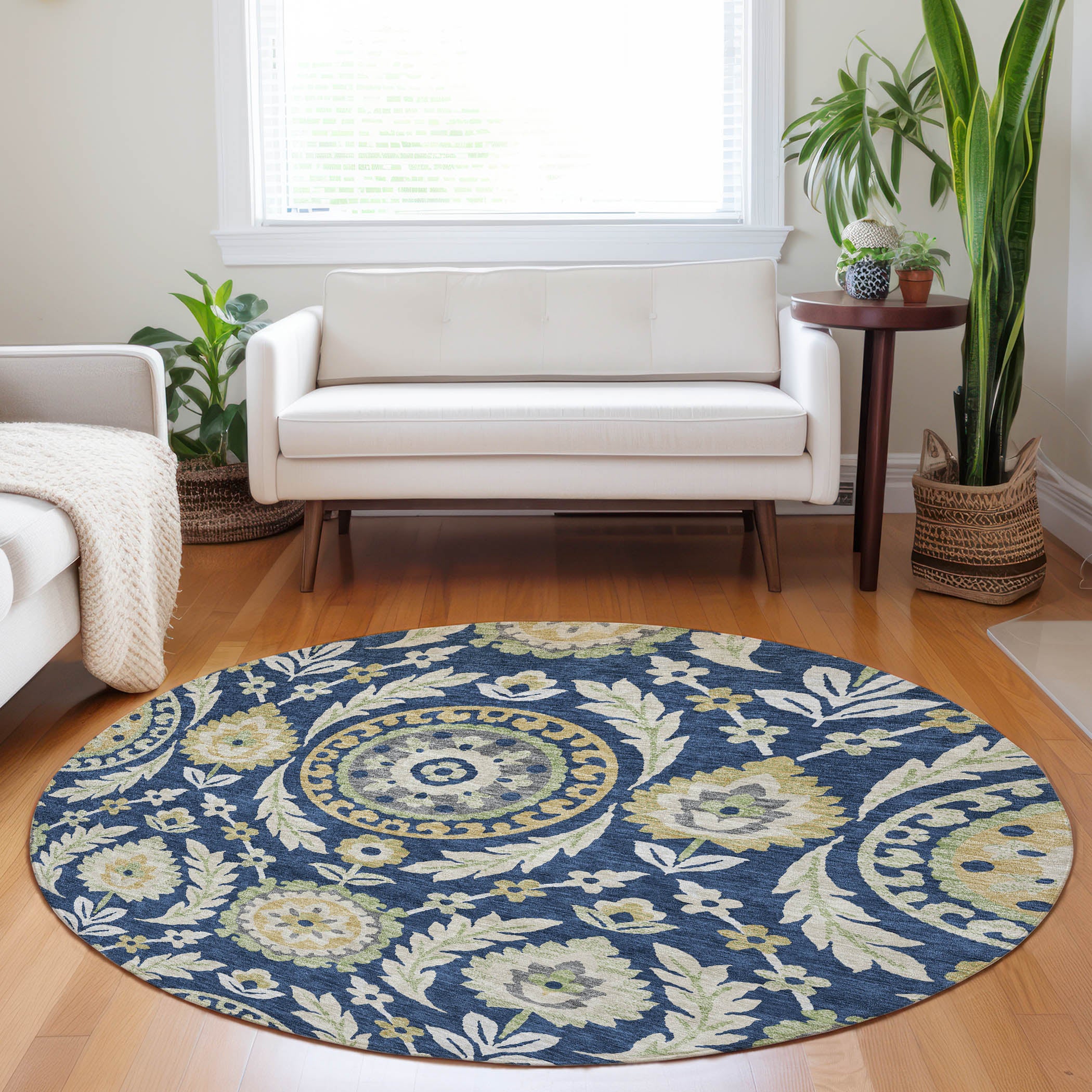 Kyoto Machine Washable Transitional Navy Blue Rug 8' x 8' #shape_Round