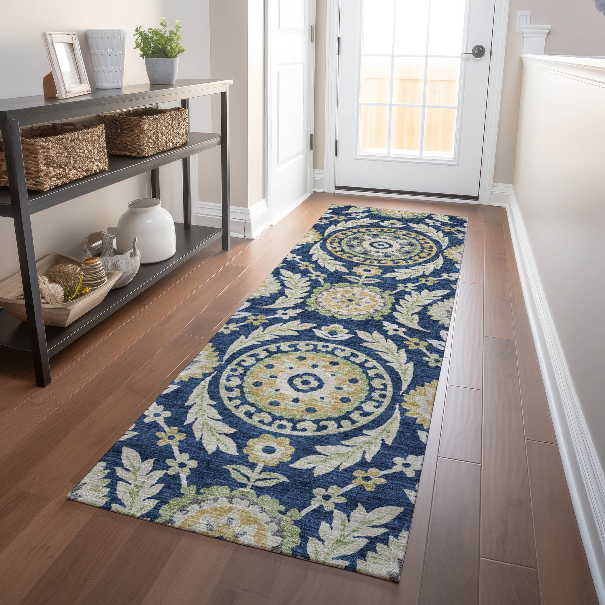 Kyoto Machine Washable Transitional Navy Blue Rug 2'3" x 7'6" #shape_Runner