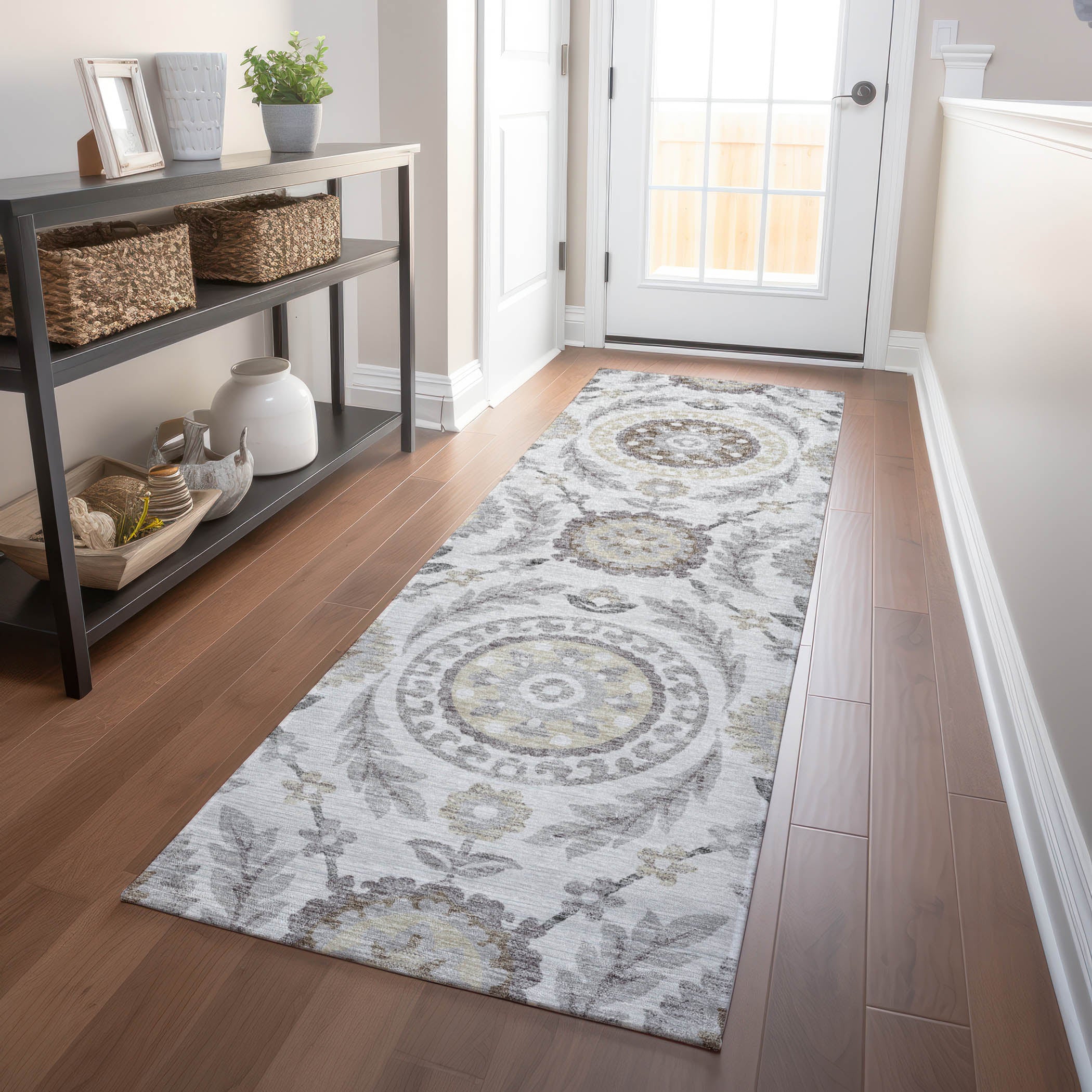 Kyoto Machine Washable Transitional Silver Gray Rug 2'3" x 7'6" #shape_Runner