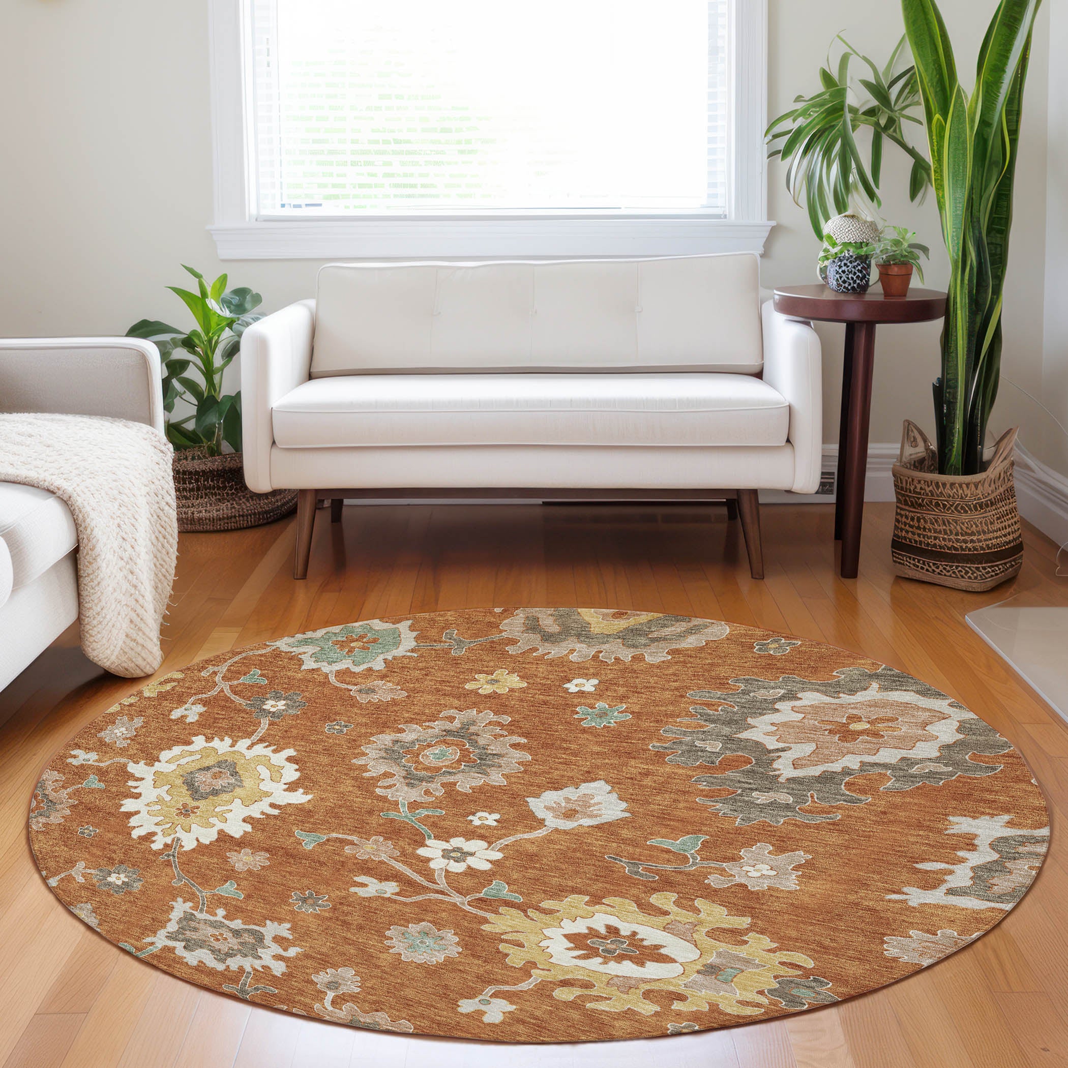 Tallinn Machine Washable Traditional Paprika Orange Rug 8' x 8' #shape_Round