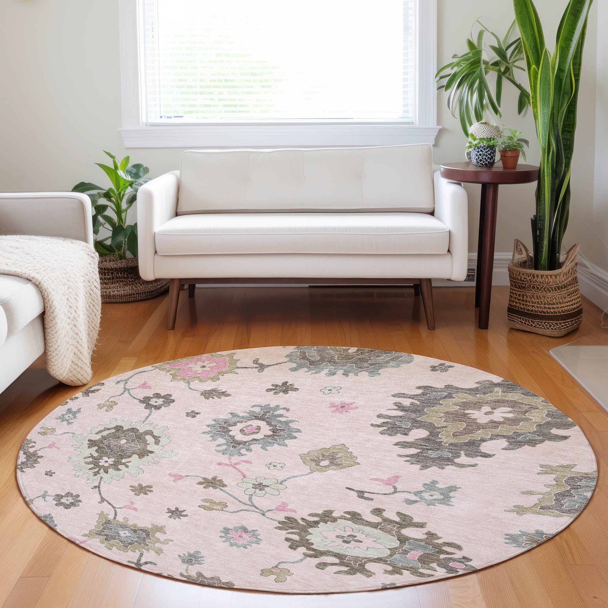 Tallinn Machine Washable Traditional Pink Rug 8' x 8' #shape_Round