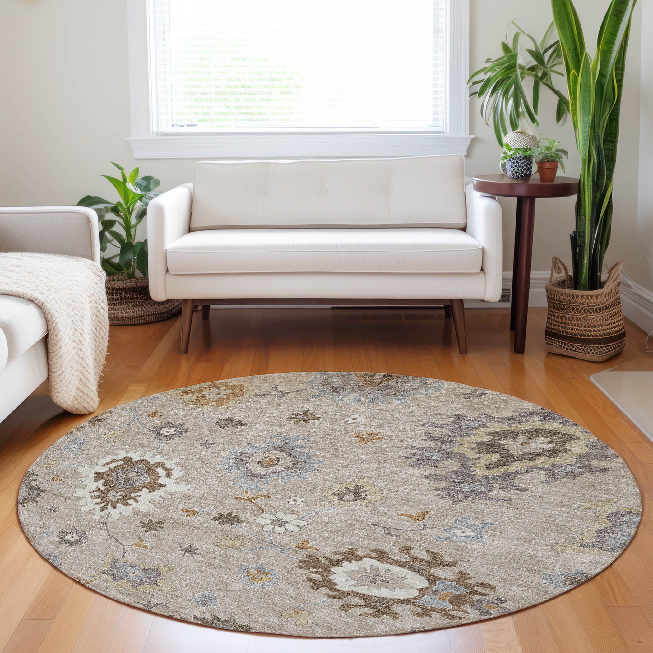 Tallinn Machine Washable Traditional Taupe Brown Rug 8' x 8' #shape_Round