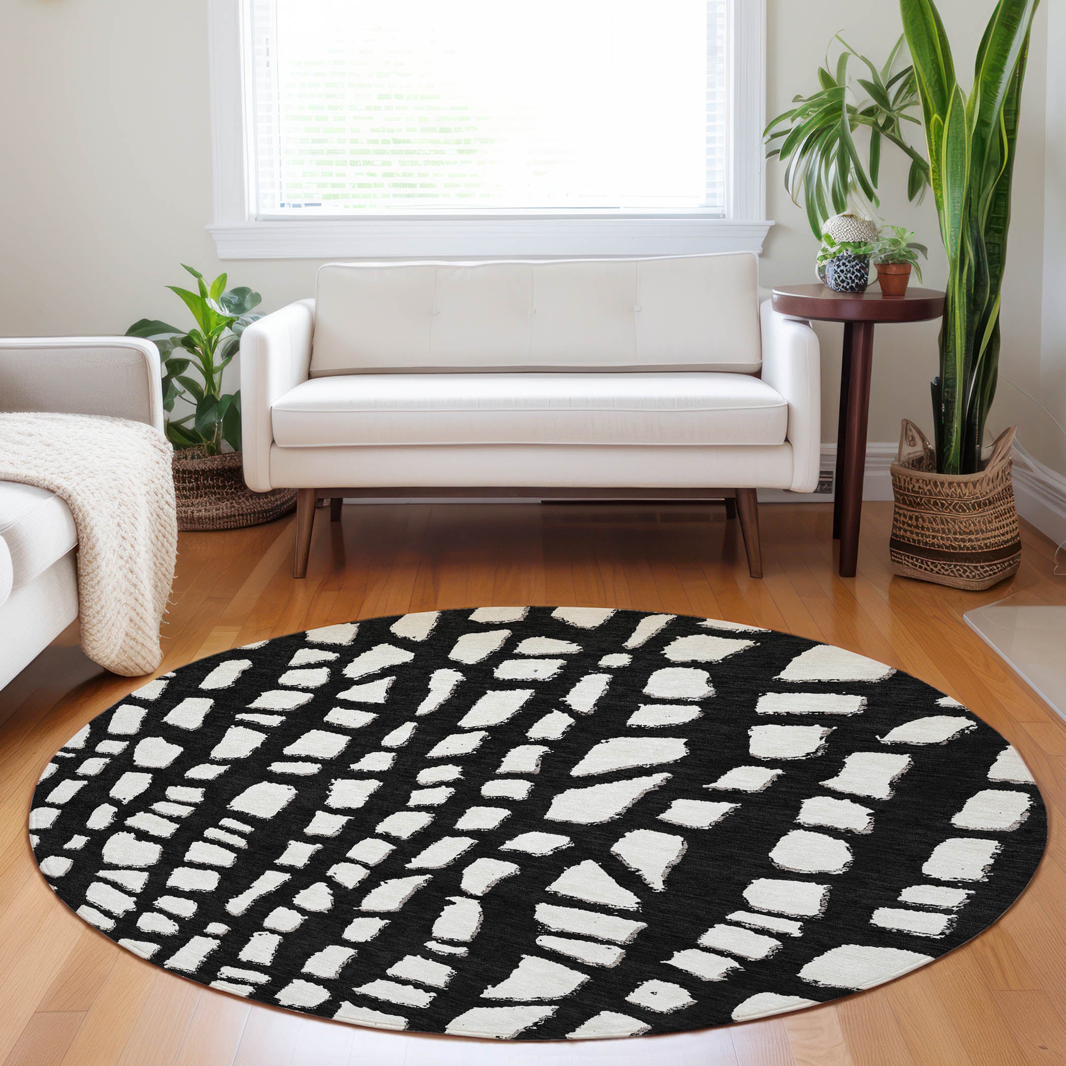 Zanzibar Machine Washable Transitional Black Rug 8' x 8' #shape_Round