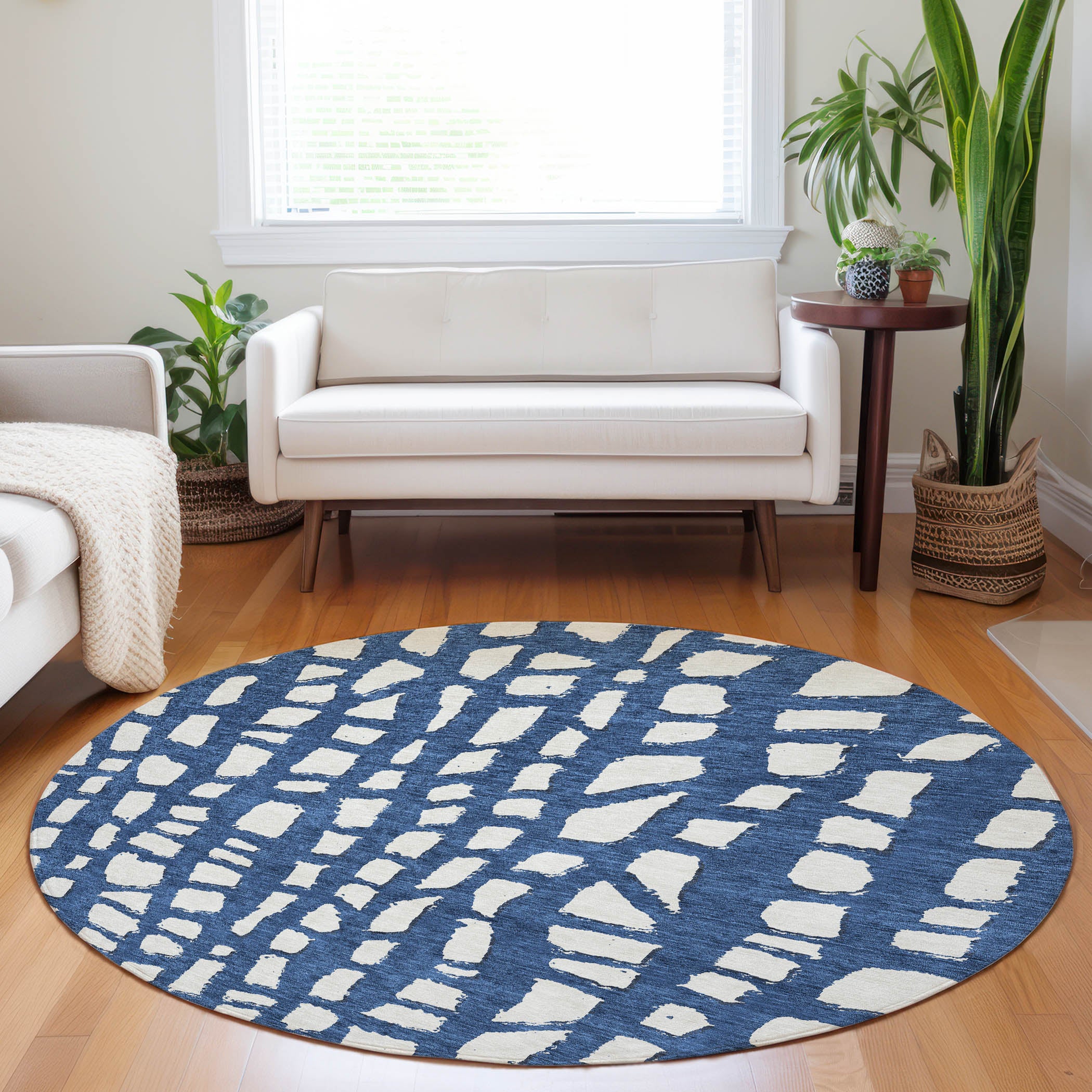 Zanzibar Machine Washable Transitional Navy Blue Rug 8' x 8' #shape_Round