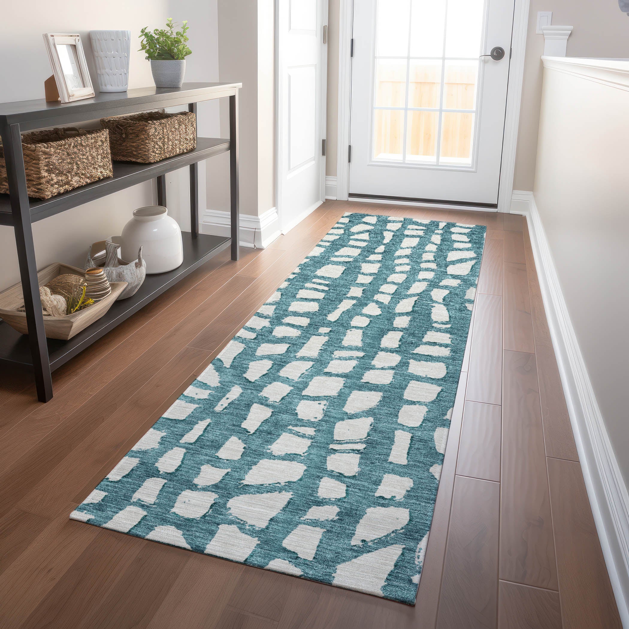 Zanzibar Machine Washable Transitional Teal Rug 2'3" x 7'6" #shape_Runner