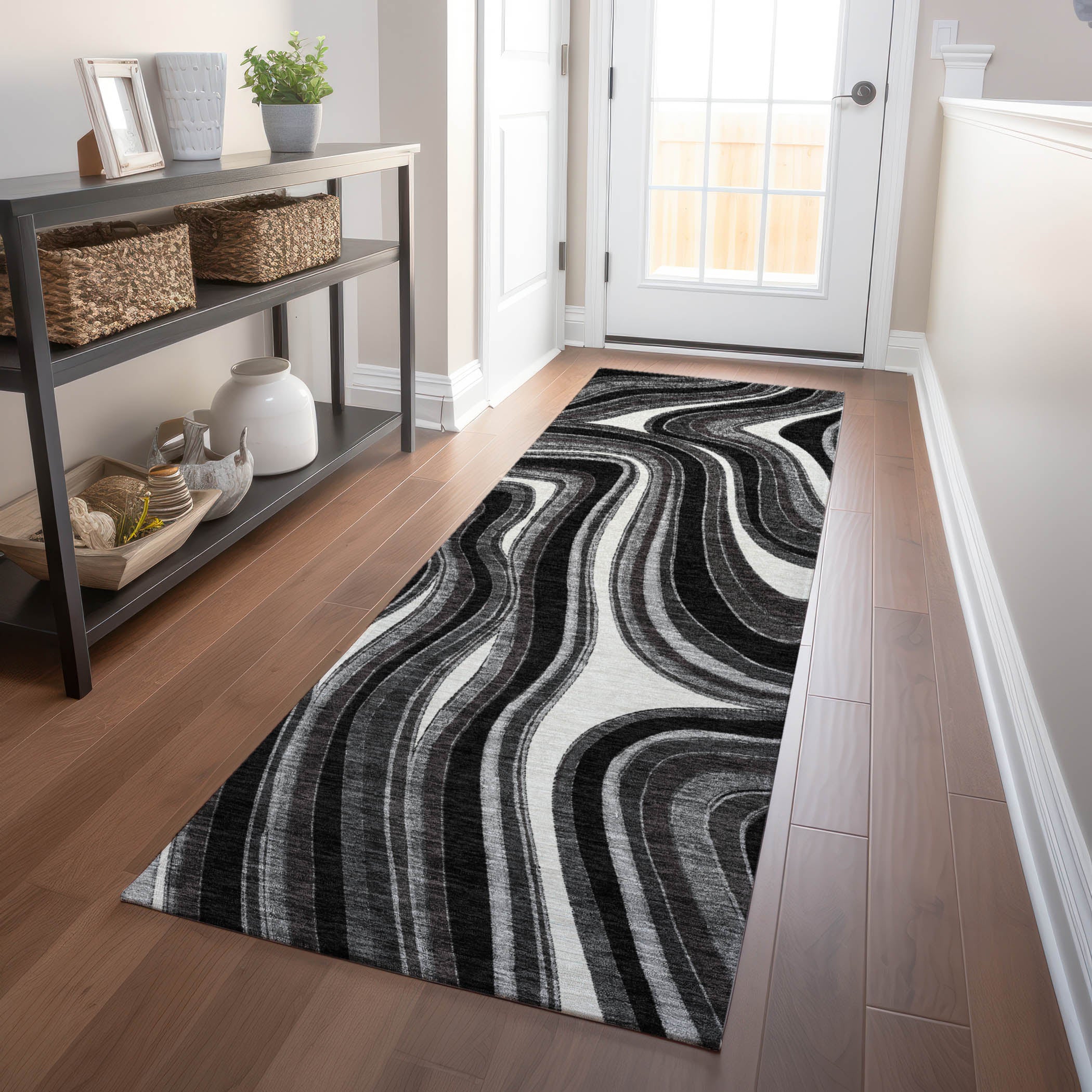 Zanzibar Machine Washable Transitional Black Rug 2'3" x 7'6" #shape_Runner