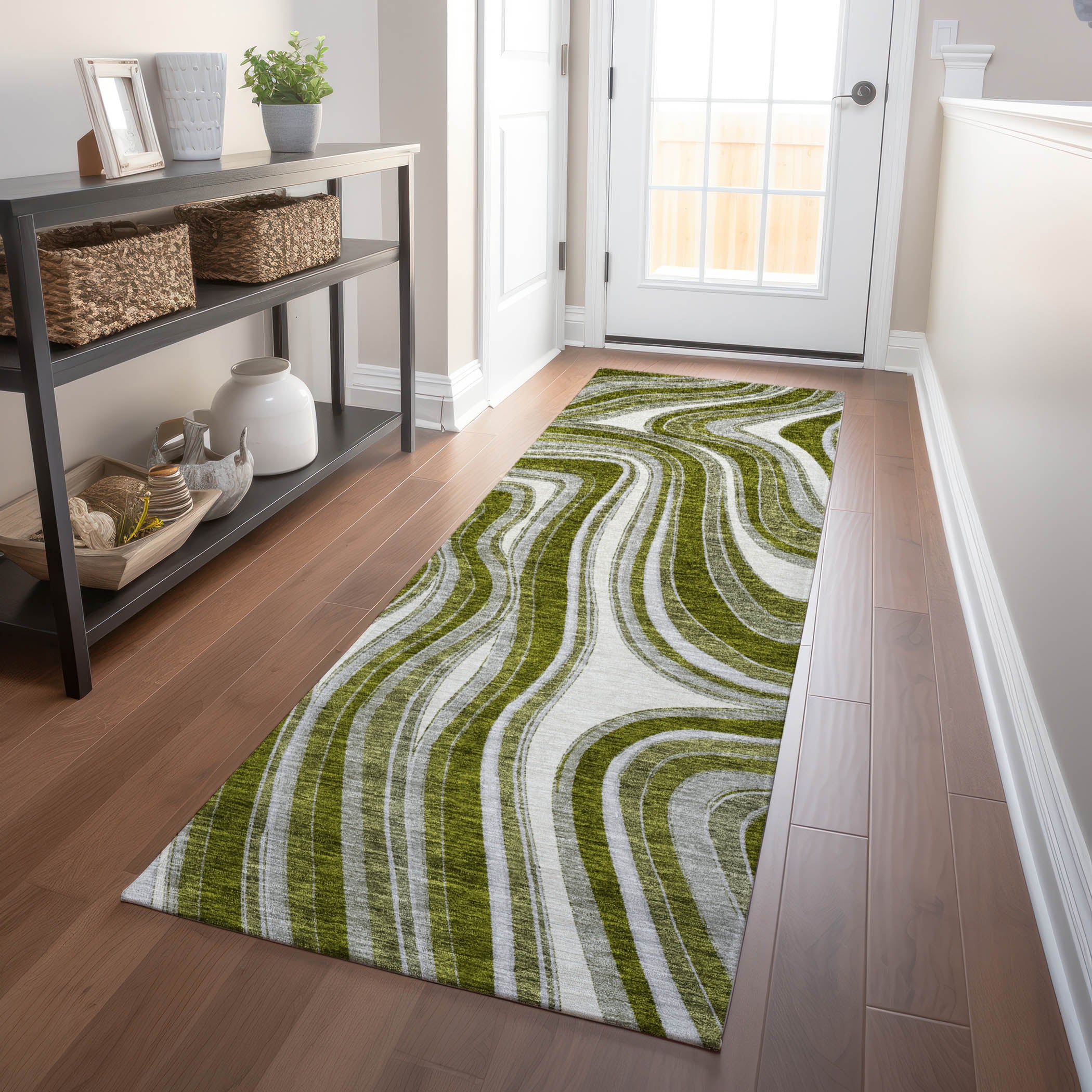 Zanzibar Machine Washable Transitional Olive Green Rug 2'3" x 7'6" #shape_Runner