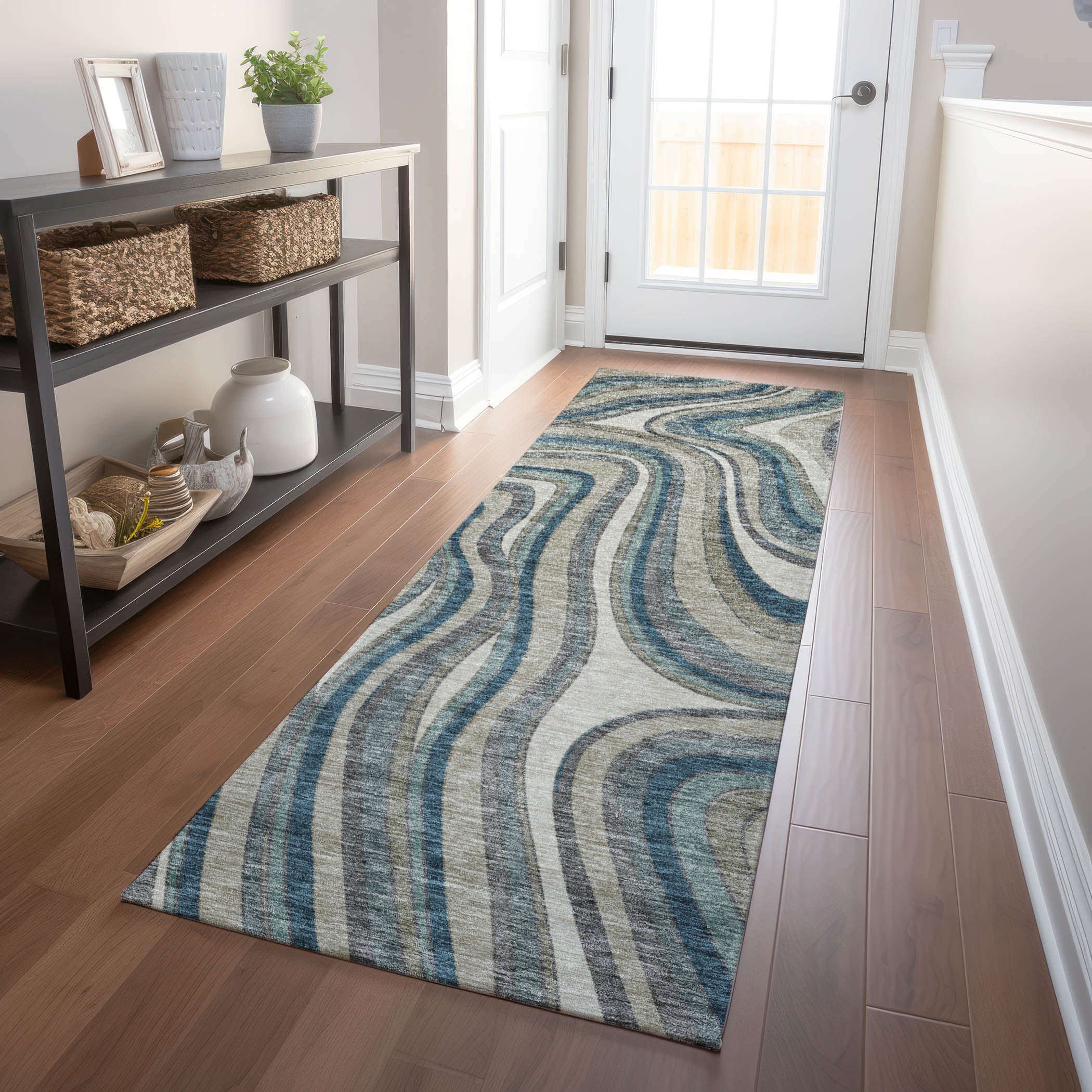Zanzibar Machine Washable Transitional Teal Rug 2'3" x 7'6" #shape_Runner