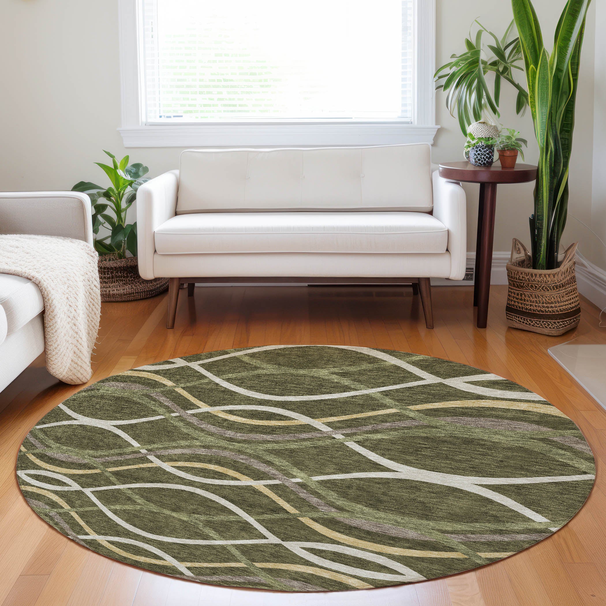 Dublin Machine Washable Transitional Olive Green Rug 8' x 8' #shape_Round