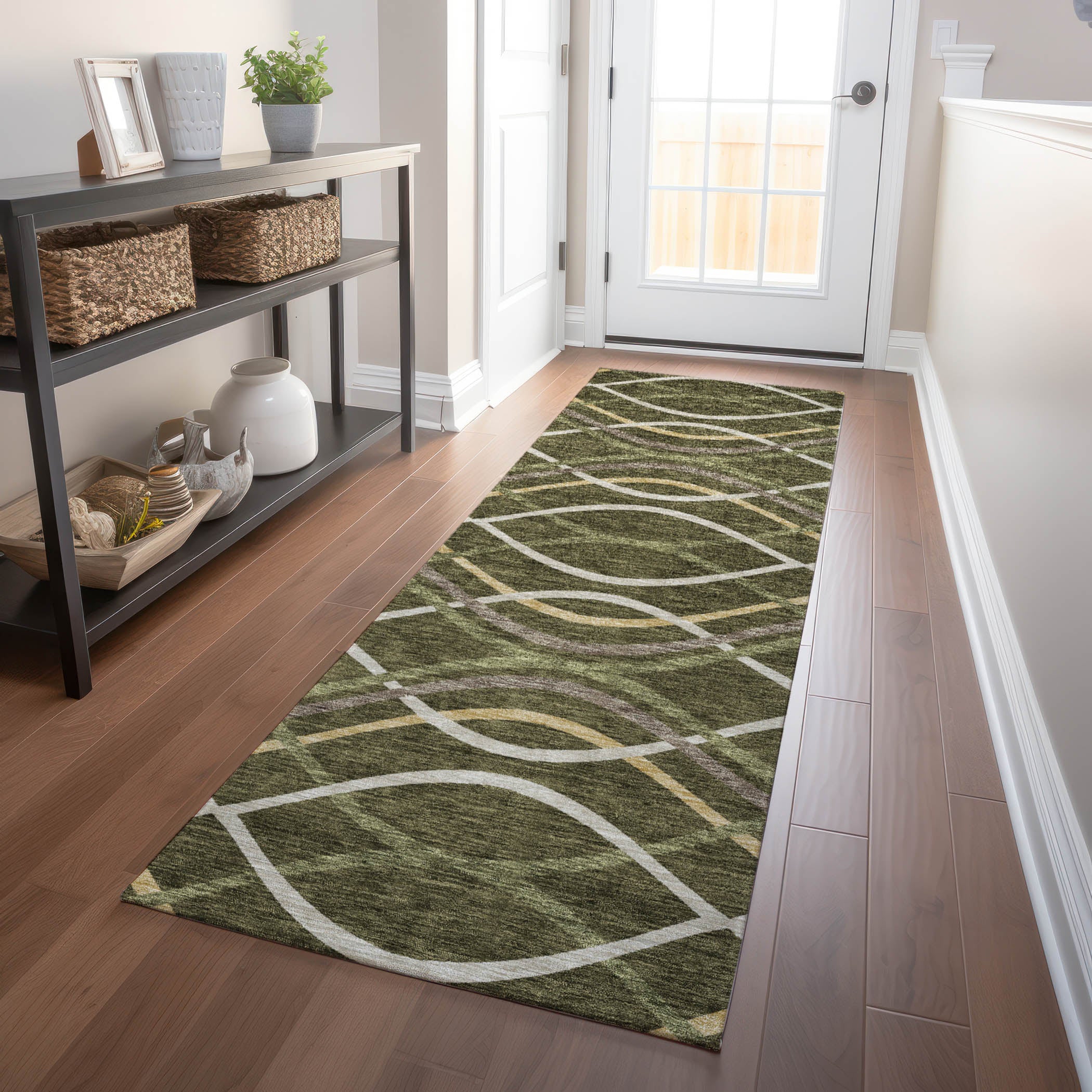 Dublin Machine Washable Transitional Olive Green Rug 2'3" x 7'6" #shape_Runner