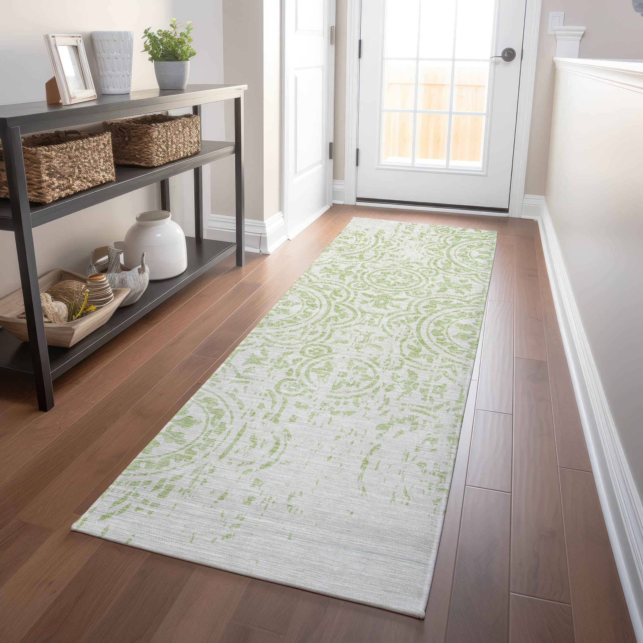 Kathmandu Machine Washable Transitional Aloe Green Rug 2'3" x 7'6" #shape_Runner