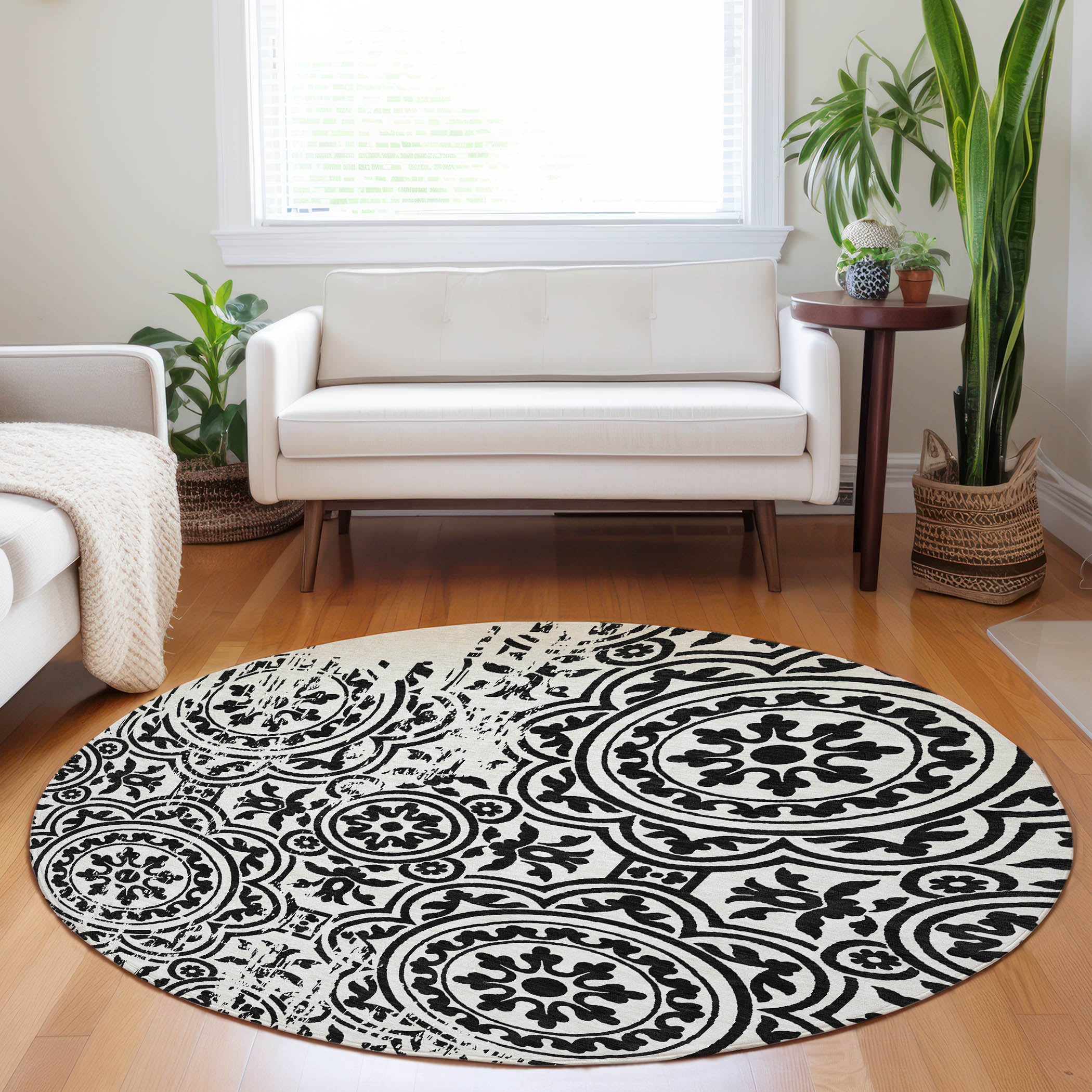 Kathmandu Machine Washable Transitional Black Rug 8' x 8' #shape_Round