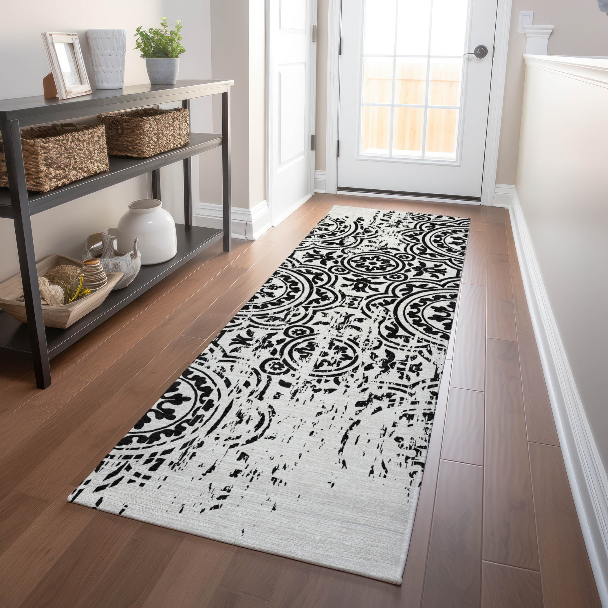 Kathmandu Machine Washable Transitional Black Rug 2'3" x 7'6" #shape_Runner