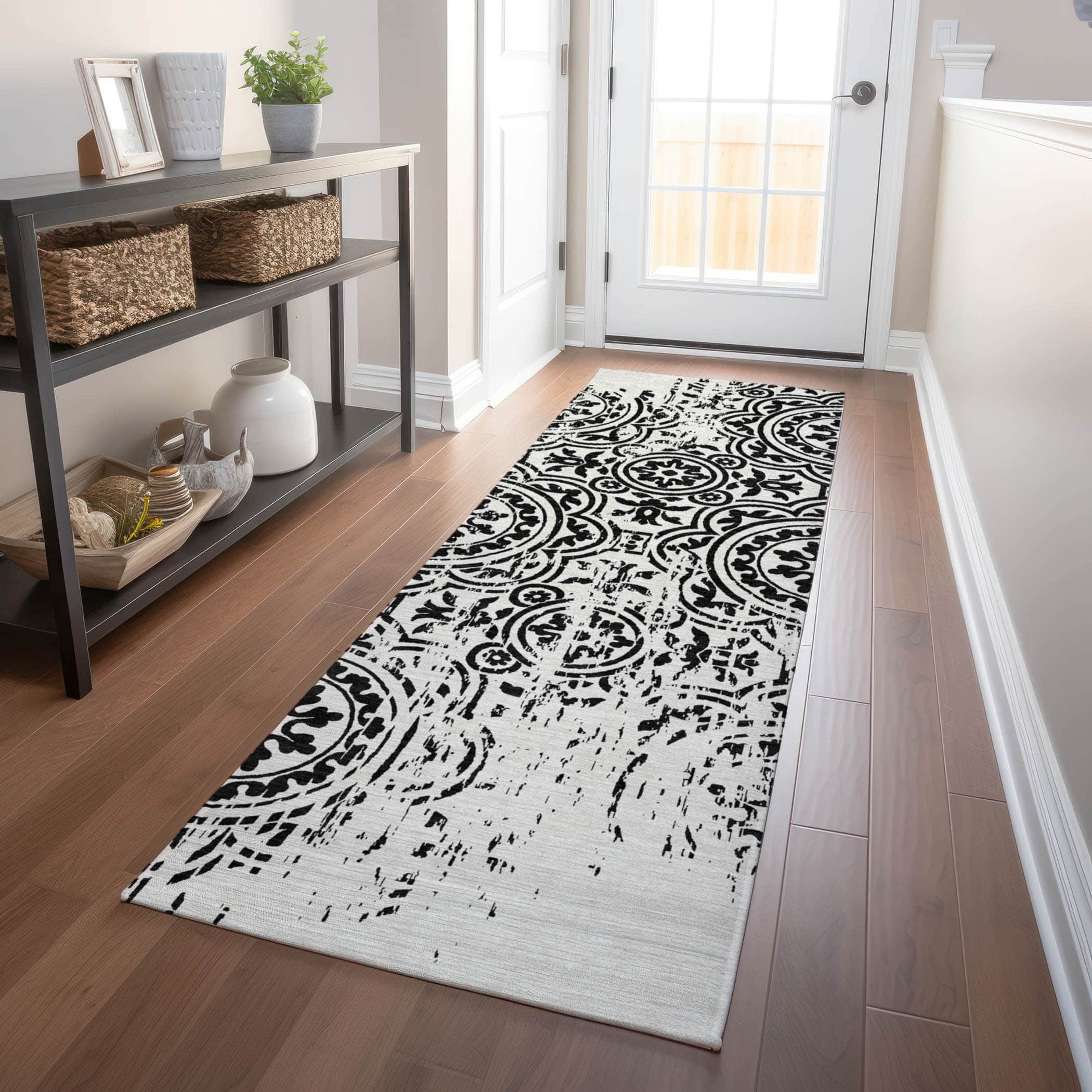 Kathmandu Machine Washable Transitional Black Rug 2'3" x 7'6" #shape_Runner