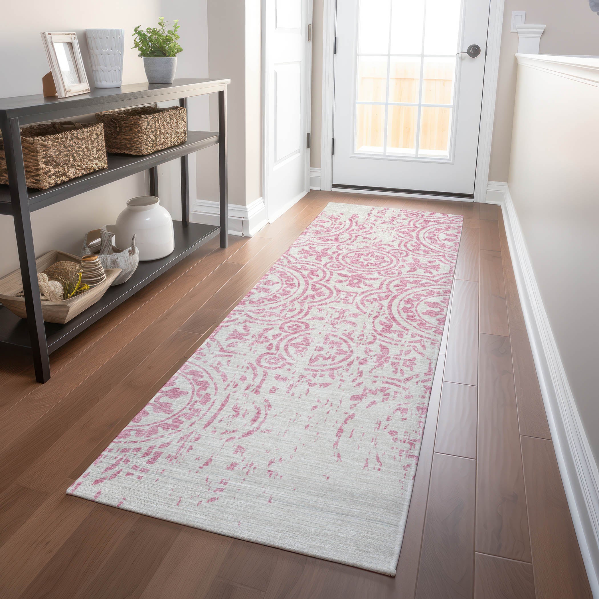 Kathmandu Machine Washable Transitional Pink Rug 2'3" x 7'6" #shape_Runner