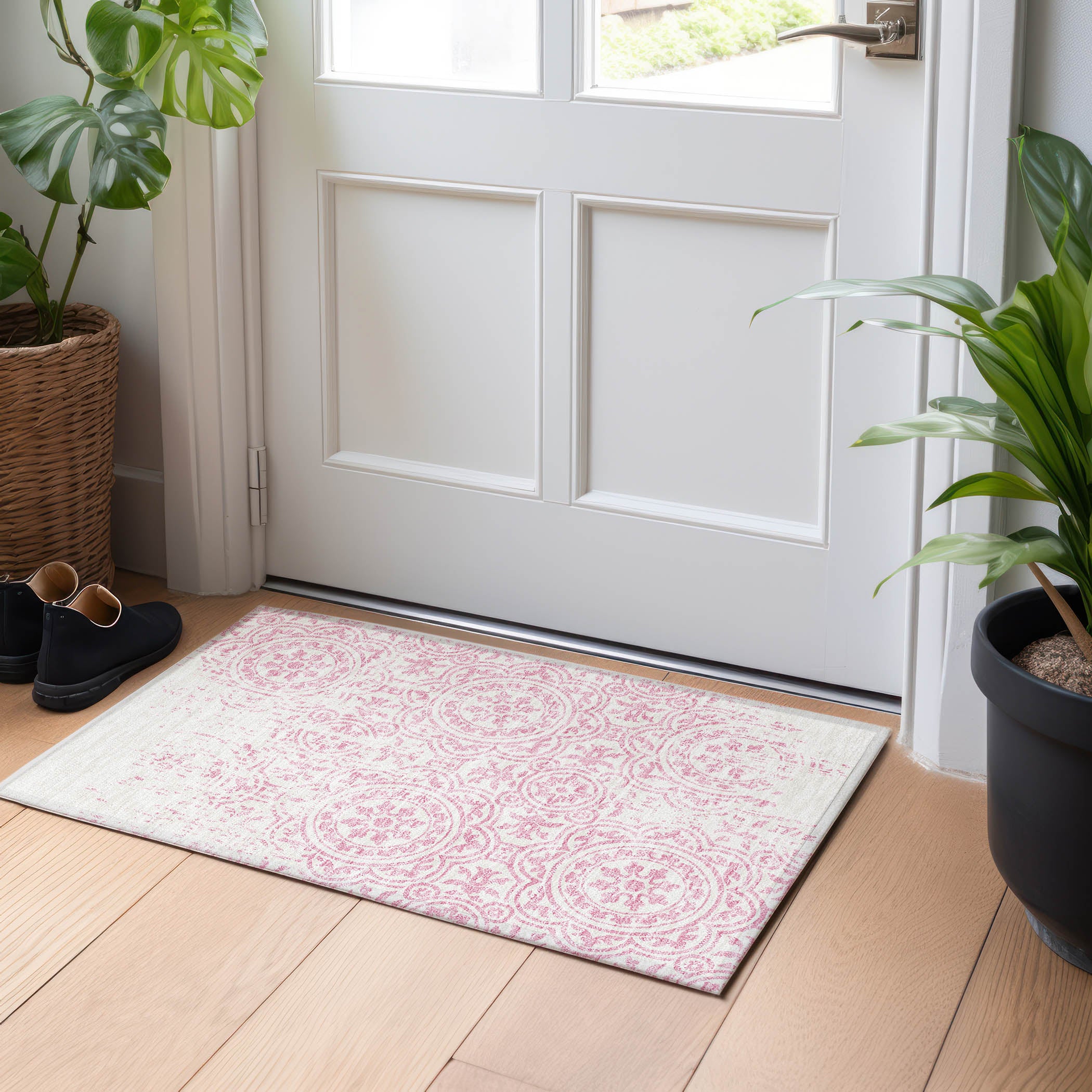Kathmandu Machine Washable Transitional Pink Rug 1'8" x 2'6" #shape_Rectangle