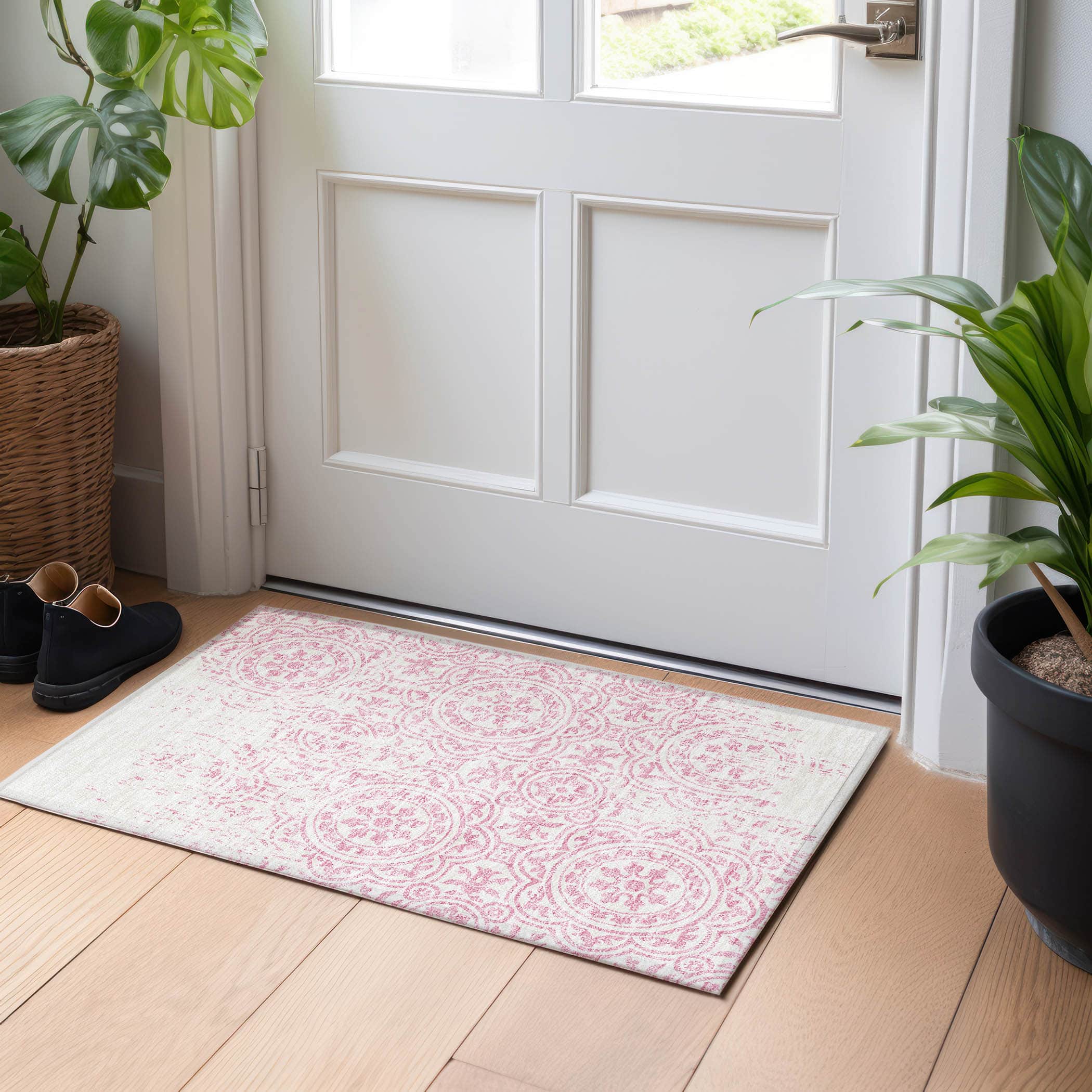 Kathmandu Machine Washable Transitional Pink Rug 1'8" x 2'6" #shape_Rectangle