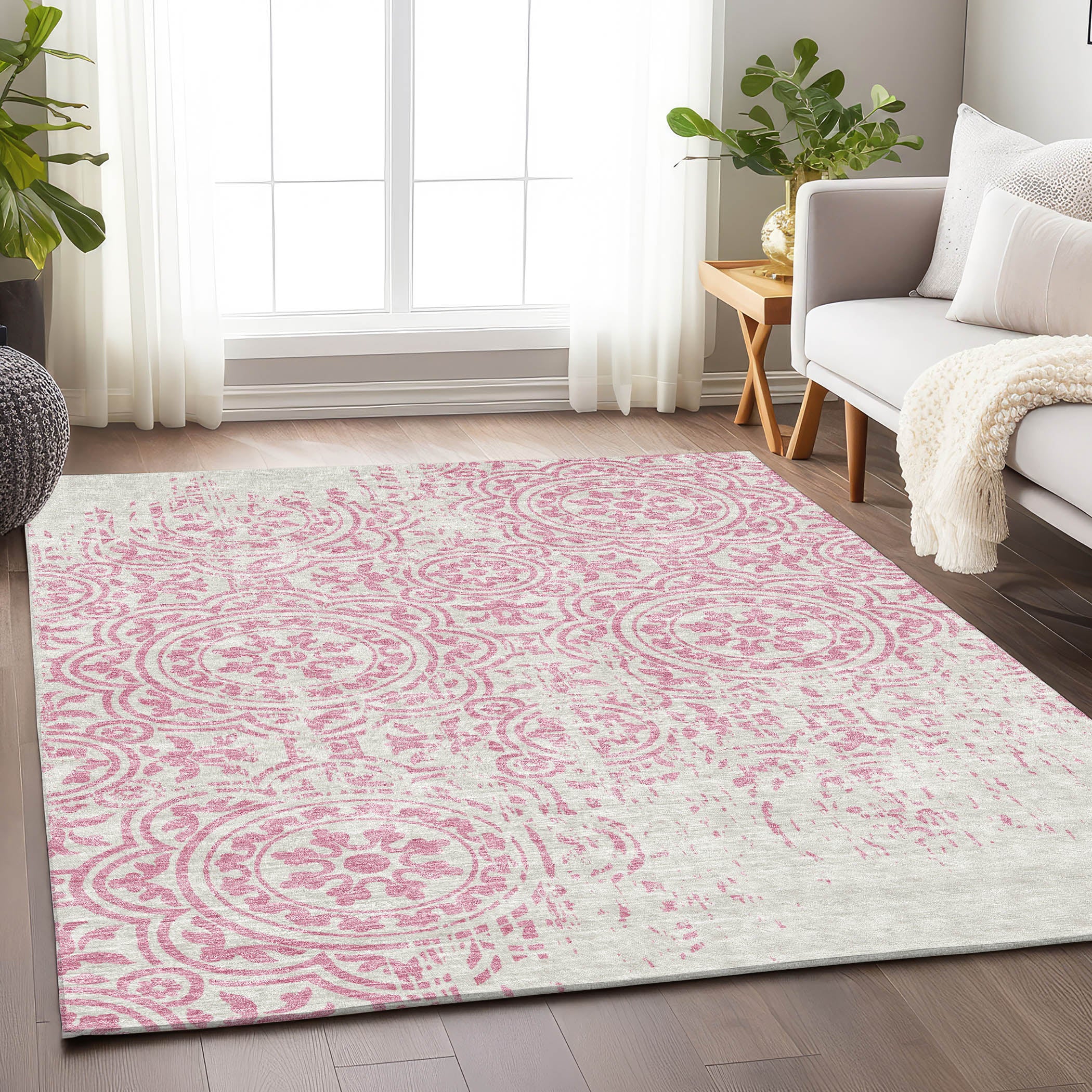 Kathmandu Machine Washable Transitional Pink Rug 2'6" x 3'10" #shape_Rectangle