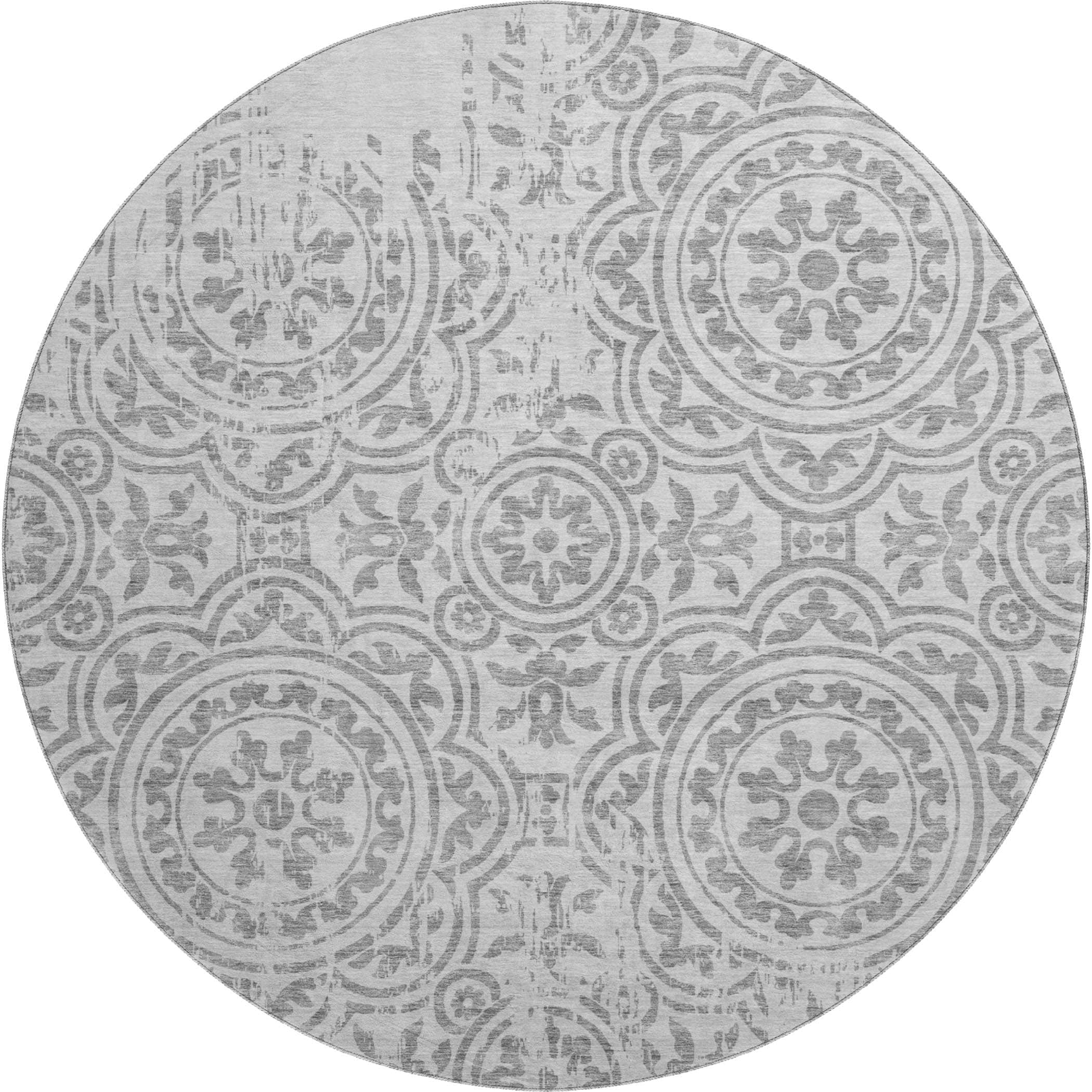 Kathmandu Machine Washable Transitional Silver Gray Rug 8' x 8' #shape_Round