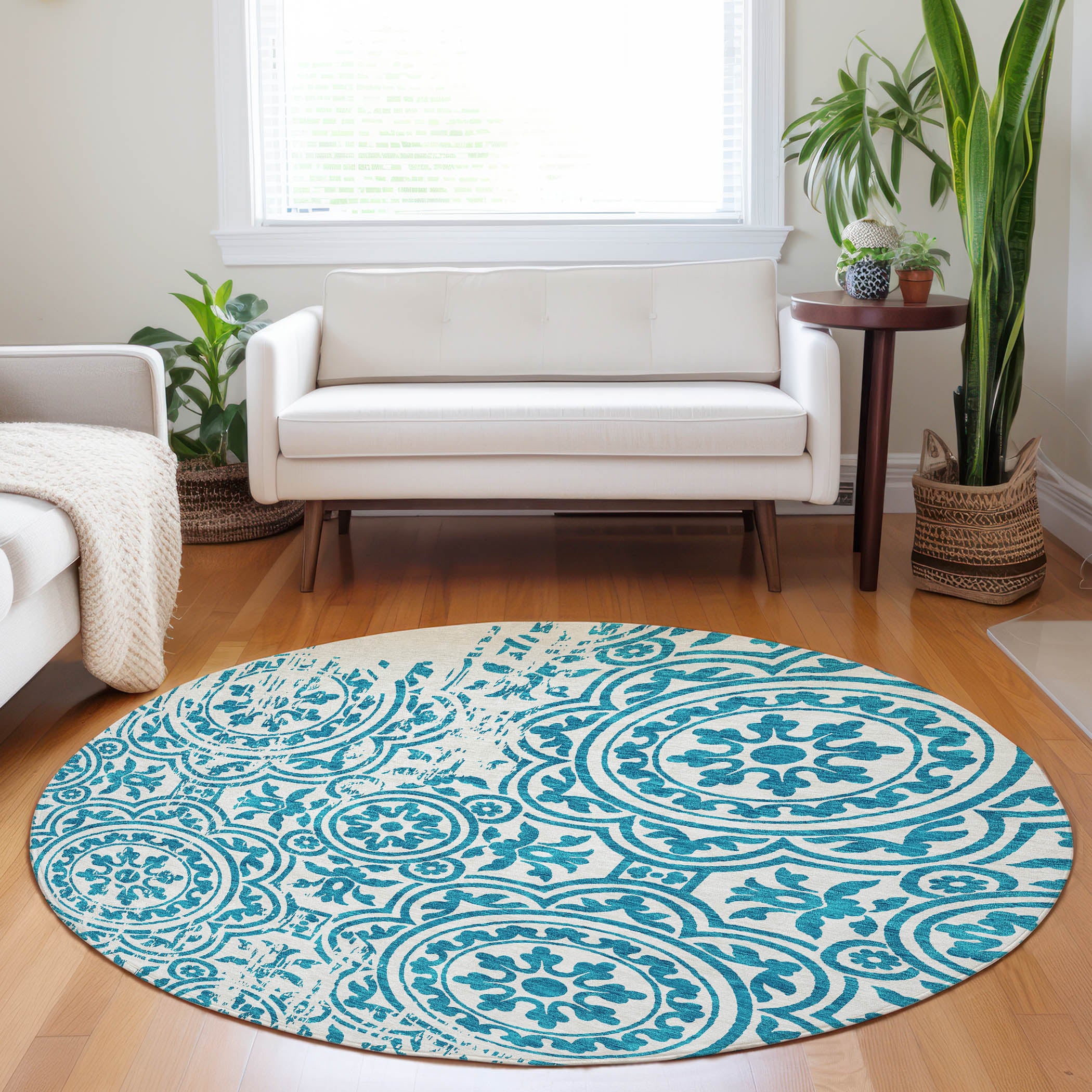 Kathmandu Machine Washable Transitional Teal Rug 8' x 8' #shape_Round
