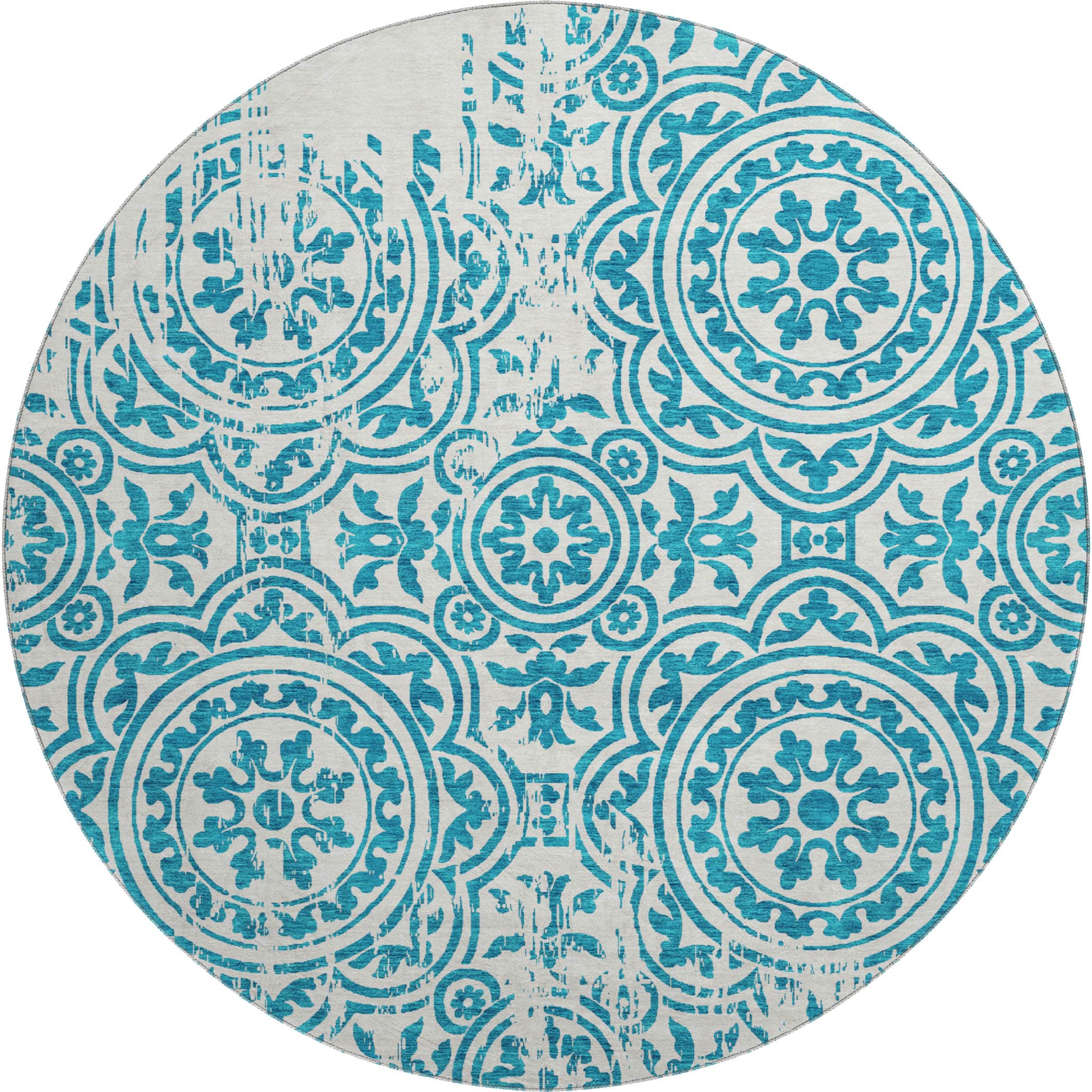 Kathmandu Machine Washable Transitional Teal Rug 8' x 8' #shape_Round