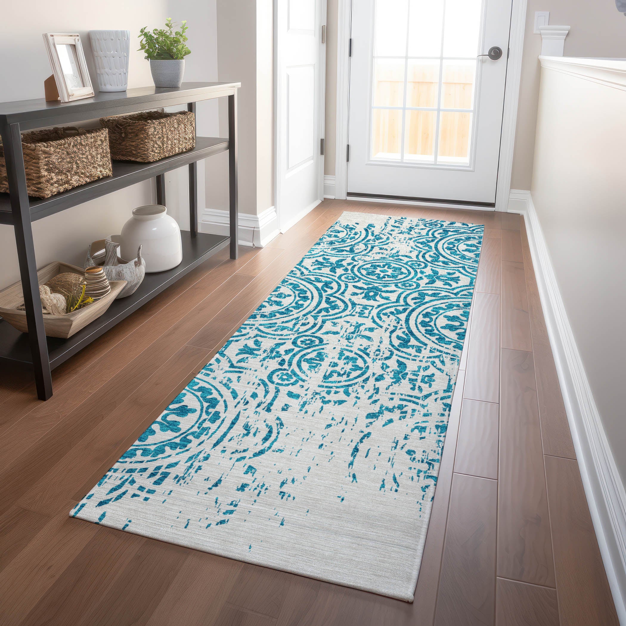 Kathmandu Machine Washable Transitional Teal Rug 2'3" x 7'6" #shape_Runner