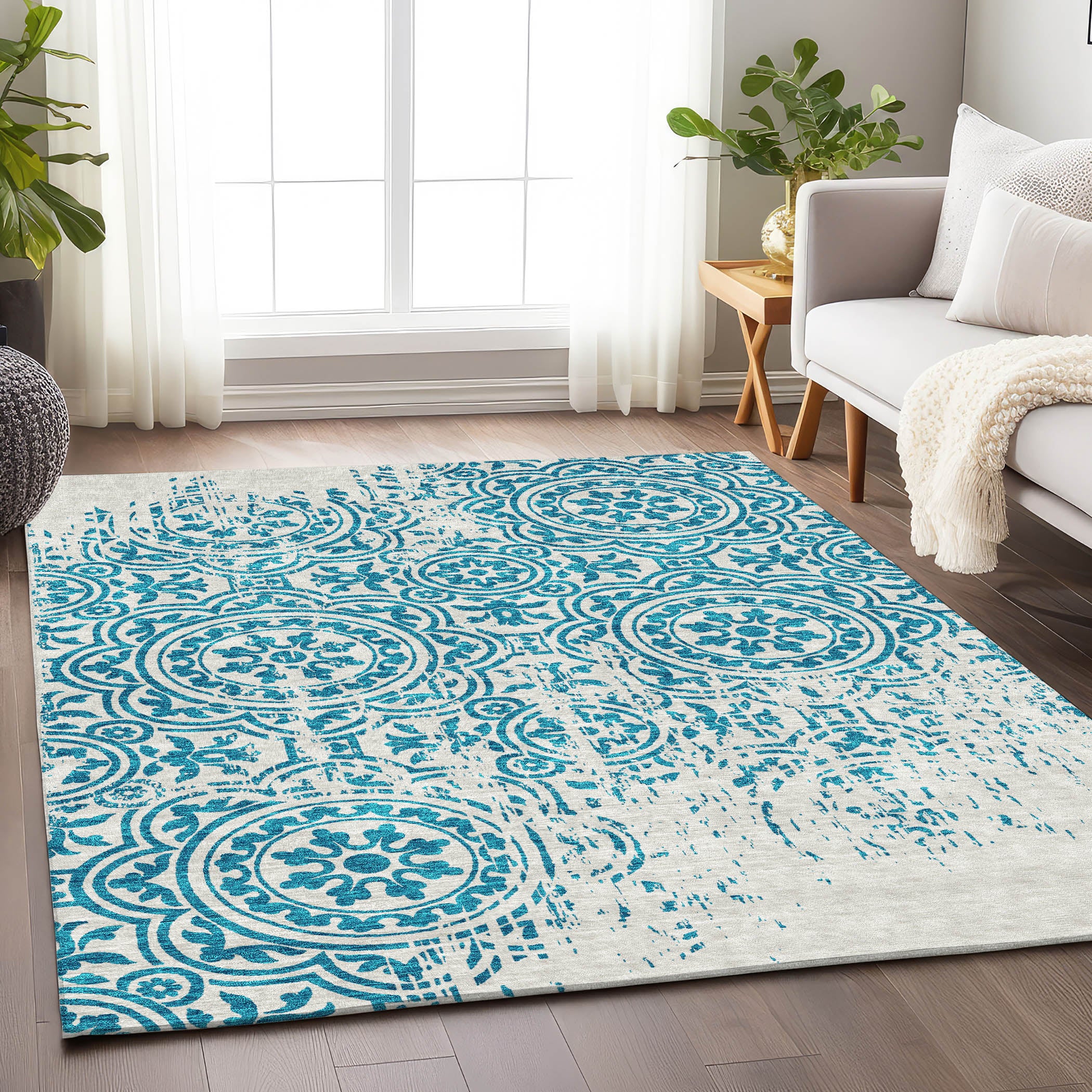Kathmandu Machine Washable Transitional Teal Rug 2'6" x 3'10" #shape_Rectangle