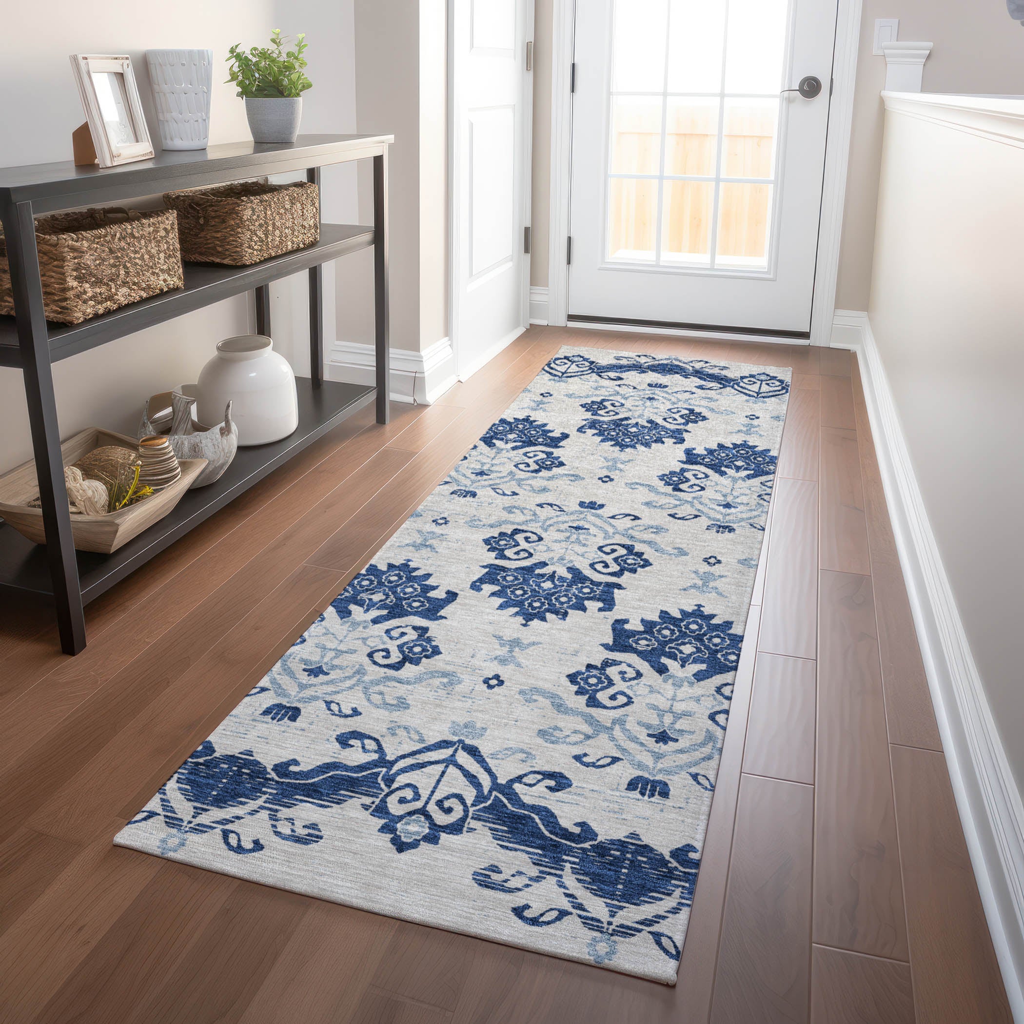 Sarajevo Machine Washable Transitional Navy Blue Rug 2'3" x 7'6" #shape_Runner