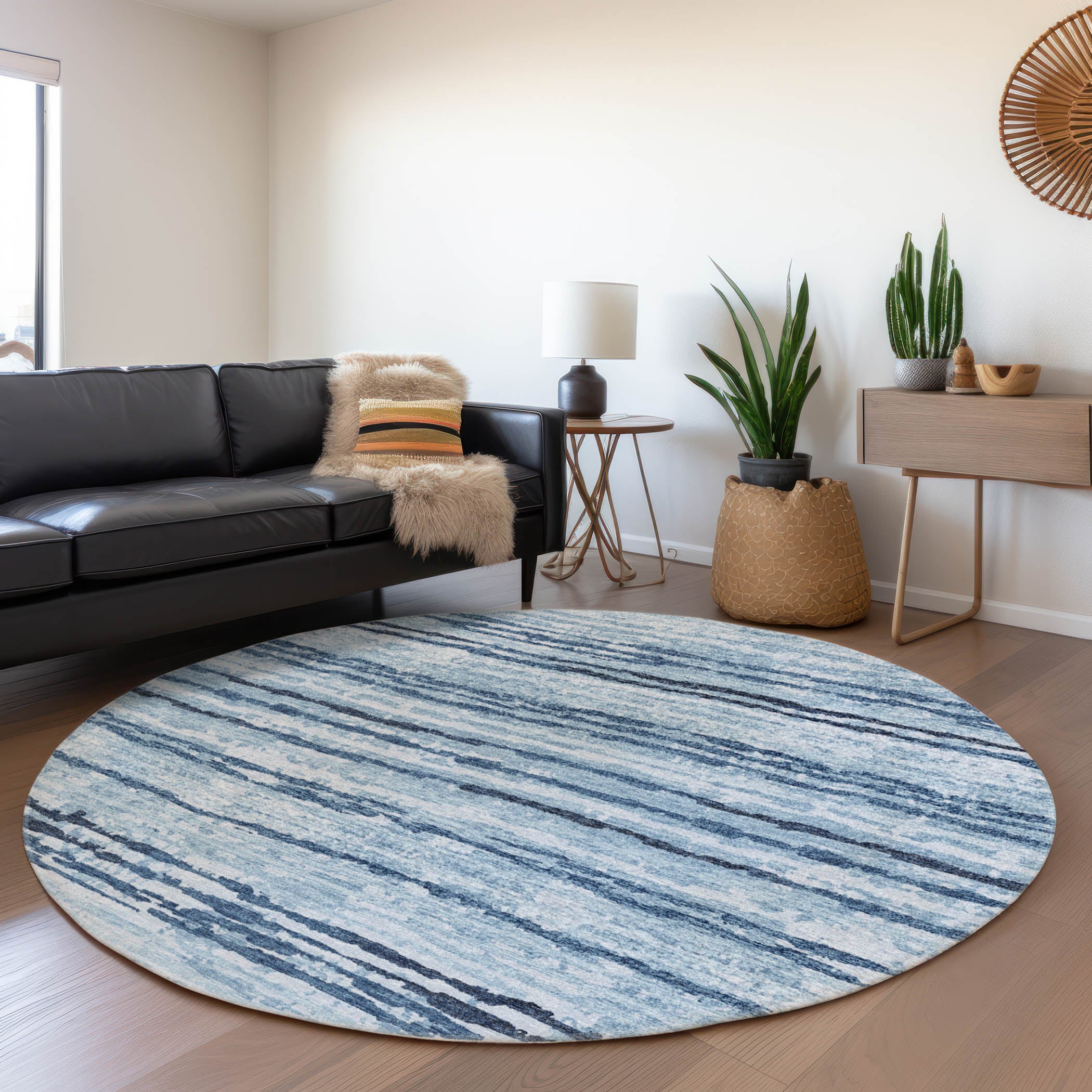 Bruges Machine Washable Transitional Blue Rug 8' x 8' #shape_Round