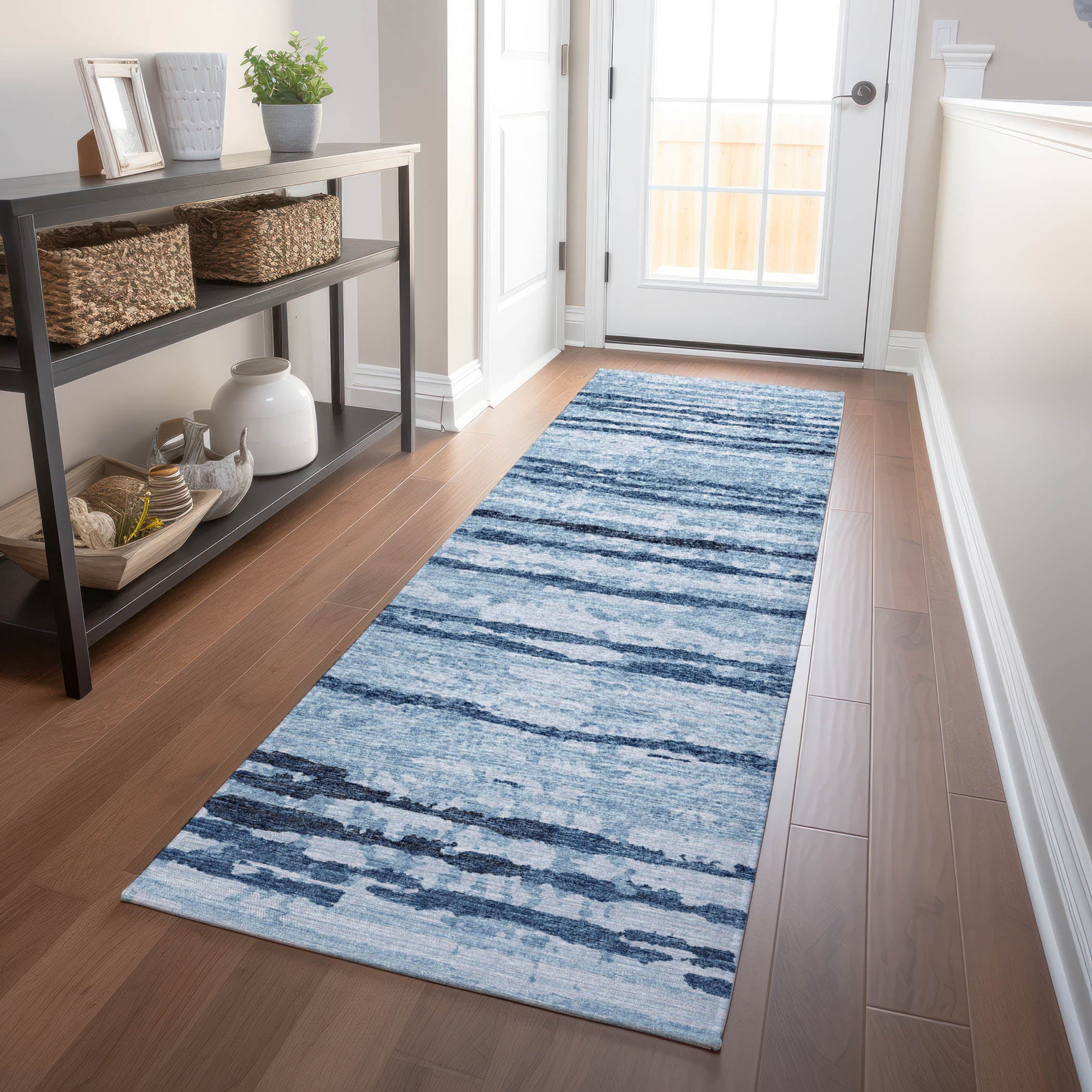 Bruges Machine Washable Transitional Blue Rug 2'3" x 7'6" #shape_Runner