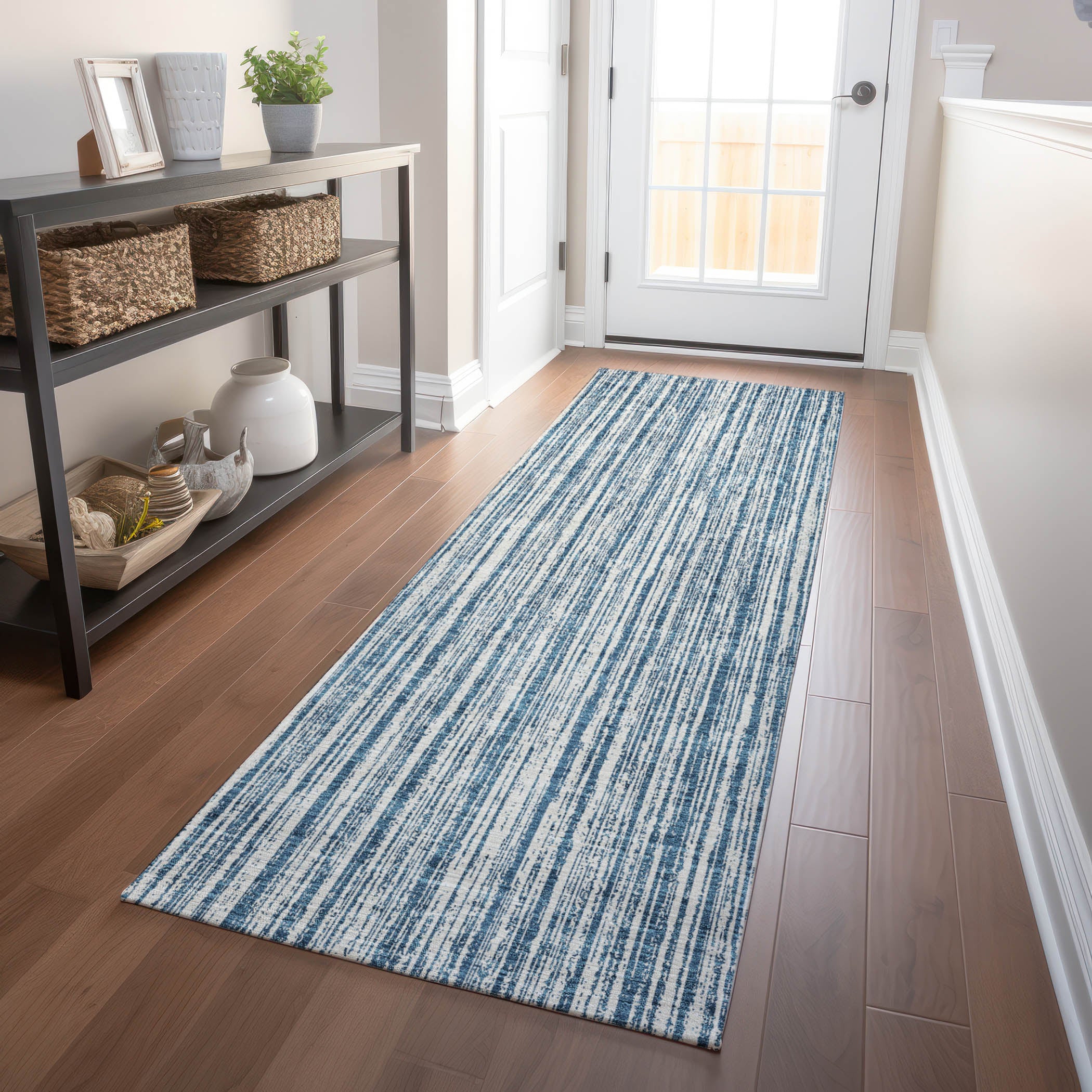 Athens Machine Washable Transitional Blue Rug 2'3" x 7'6" #shape_Runner