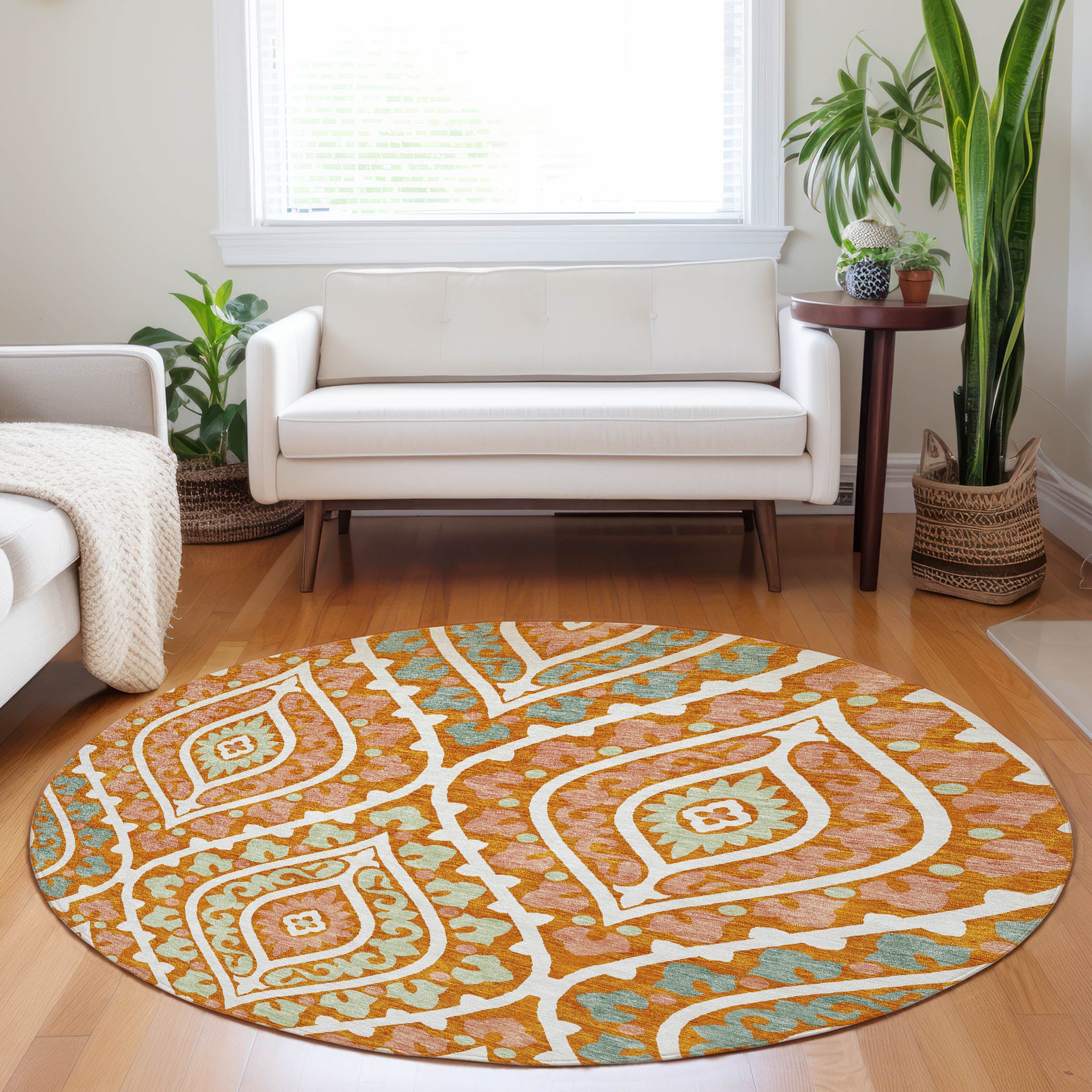 Havana Machine Washable Transitional Orange Rug 8' x 8' #shape_Round