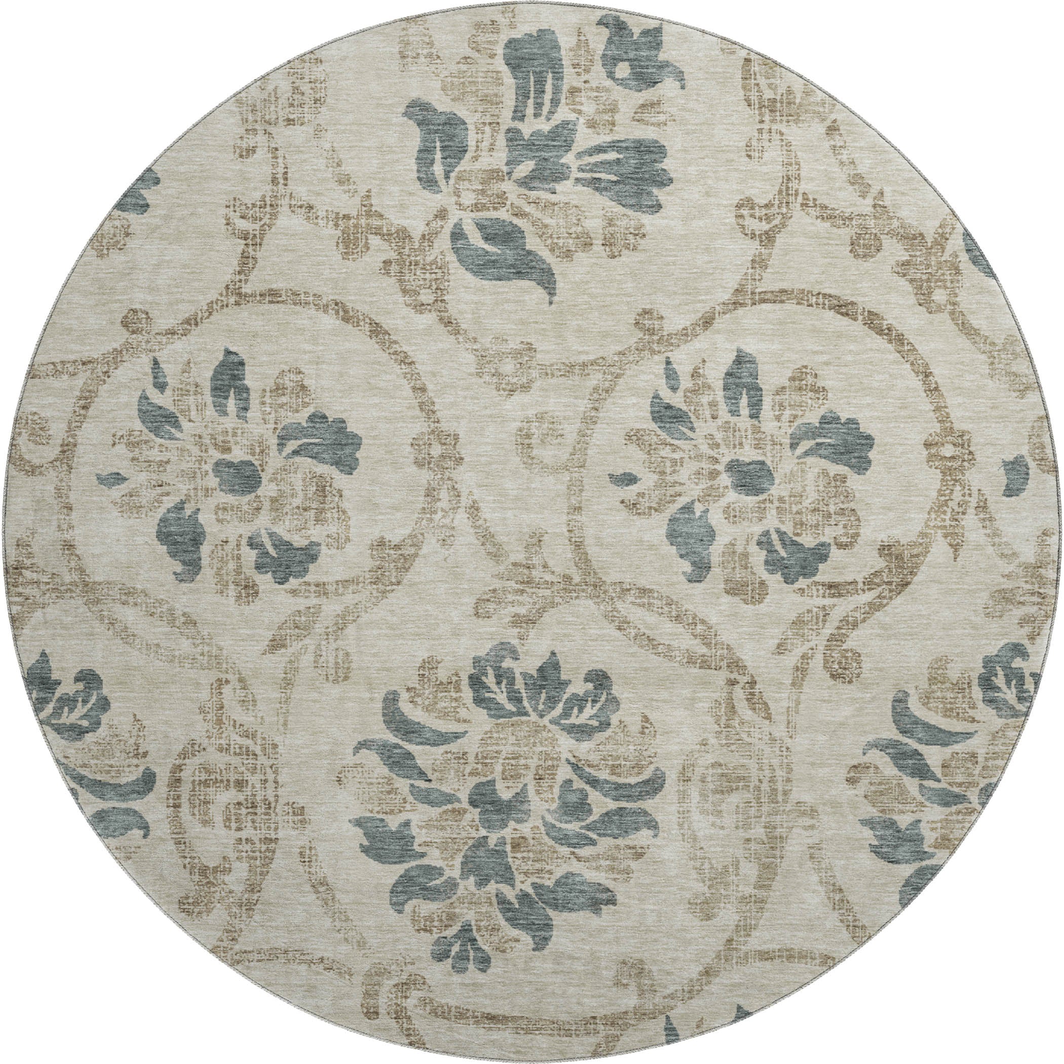 Kathmandu Machine Washable Traditional Beige Brown Rug 8' x 8' #shape_Round